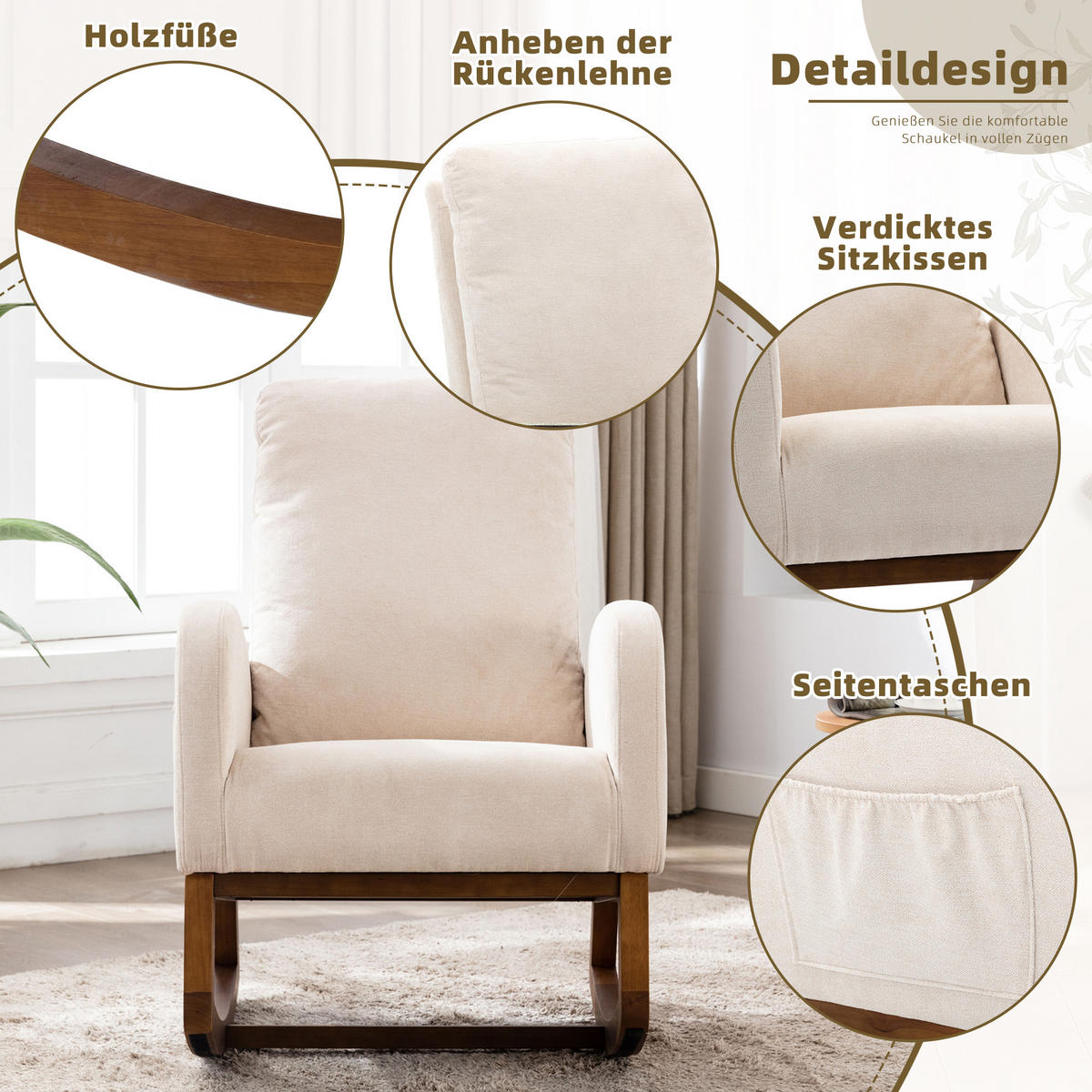 SCHAUKELSTUHL Leinen mit hoher Rückenlehne, Seitentasche 69/94/101 cm Beige bis 150 kg - Beige, Textil (94/101/69cm) - Redom