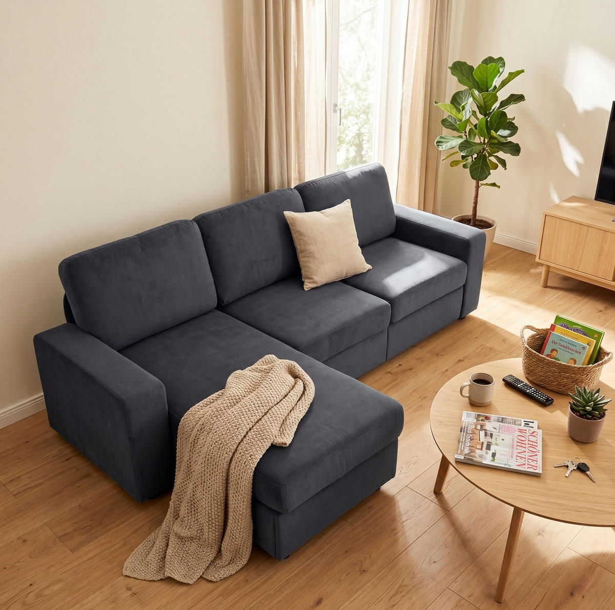 ECKSOFA 245,5/150,5/86,5 cm dunkelgrau aus Polyester mit Ottomane und 4 Staufächern - Dunkelgrau, Kunststoff (245.5/150.5cm) - OKWISH