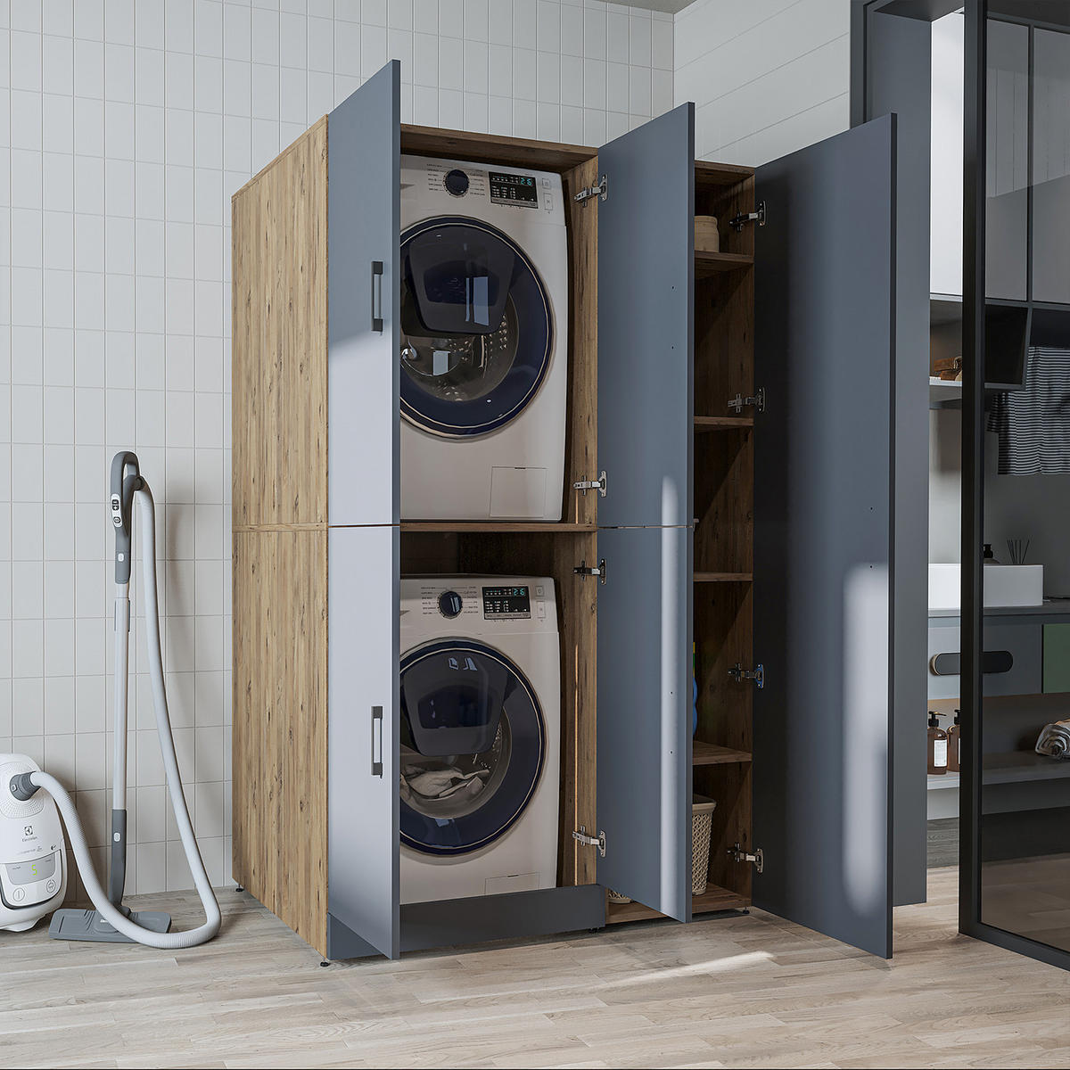 WASCHMASCHINENSCHRANK DORA-II 115cm Breit, 186cm Hoch - Anthrazit, Holzwerkstoff (115/186/73.8cm)
