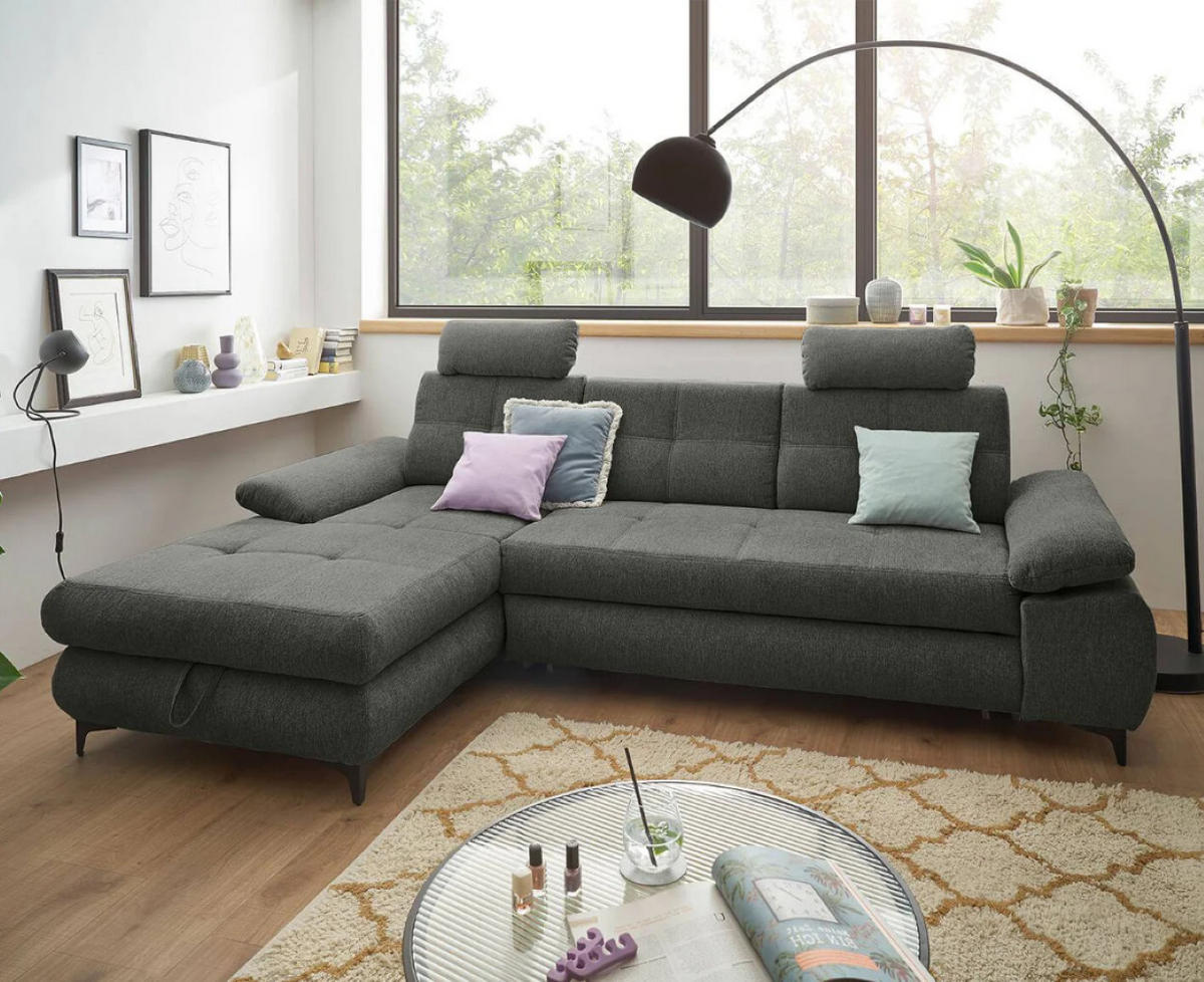 ECKSOFA mit Schlaffunktion und Bettkasten - Anthrazit/Schwarz, Kunststoff/Textil (274/177cm) - ed exciting design