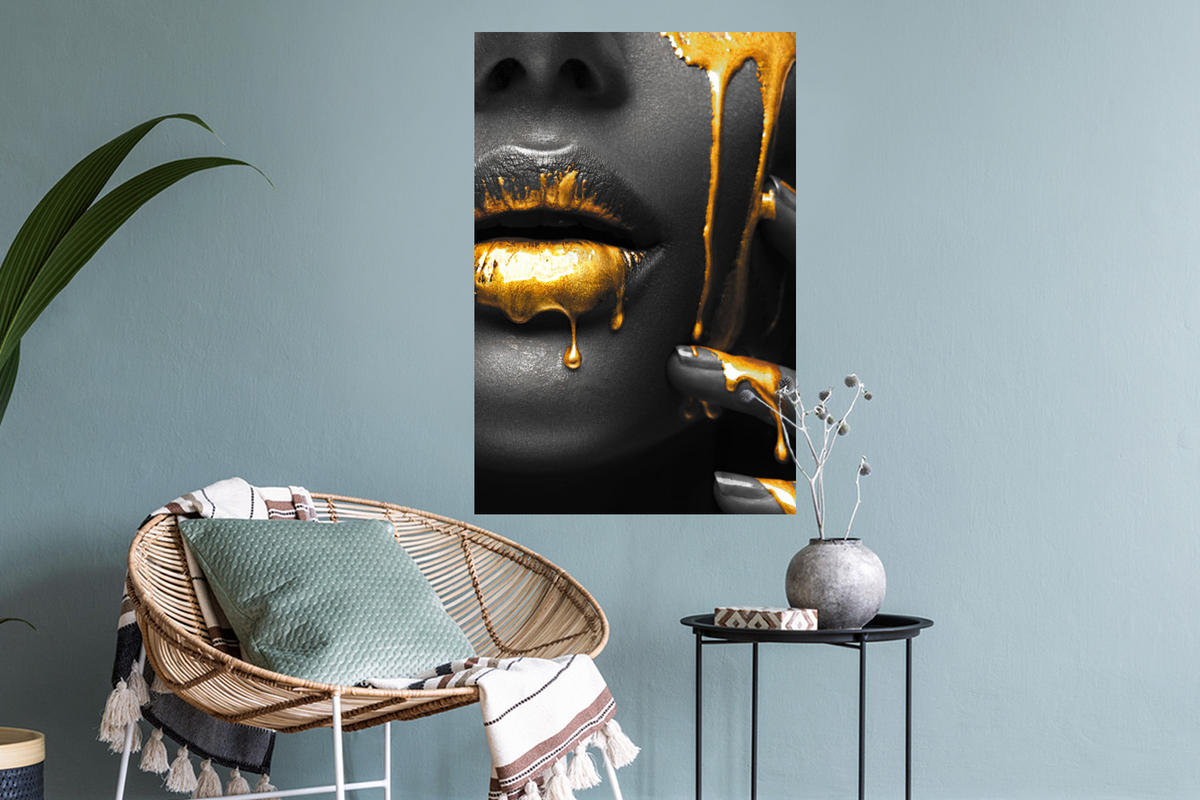WANDTATTOO Frau - Schwarz - Gold - Gesicht - Lippen 40x60 cm - Goldfarben, Kunststoff (40/60/0.1cm) - MuchoWow