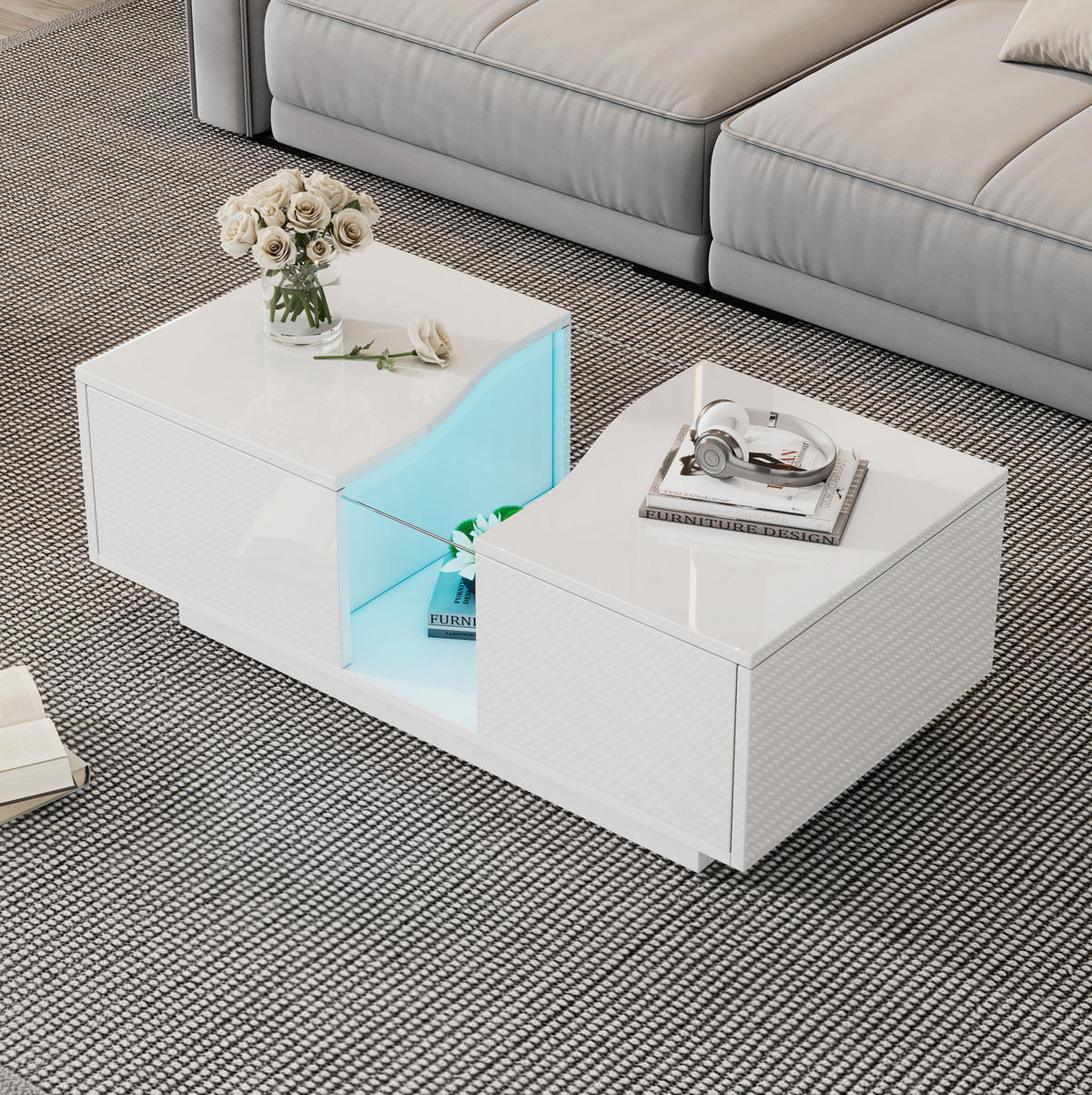 COUCHTISCH 100/50/35 cm Weiß Hochglanz mit 2 Schubladen und LED-Beleuchtung - Weiß, Holzwerkstoff (100/50/35cm) - OKWISH
