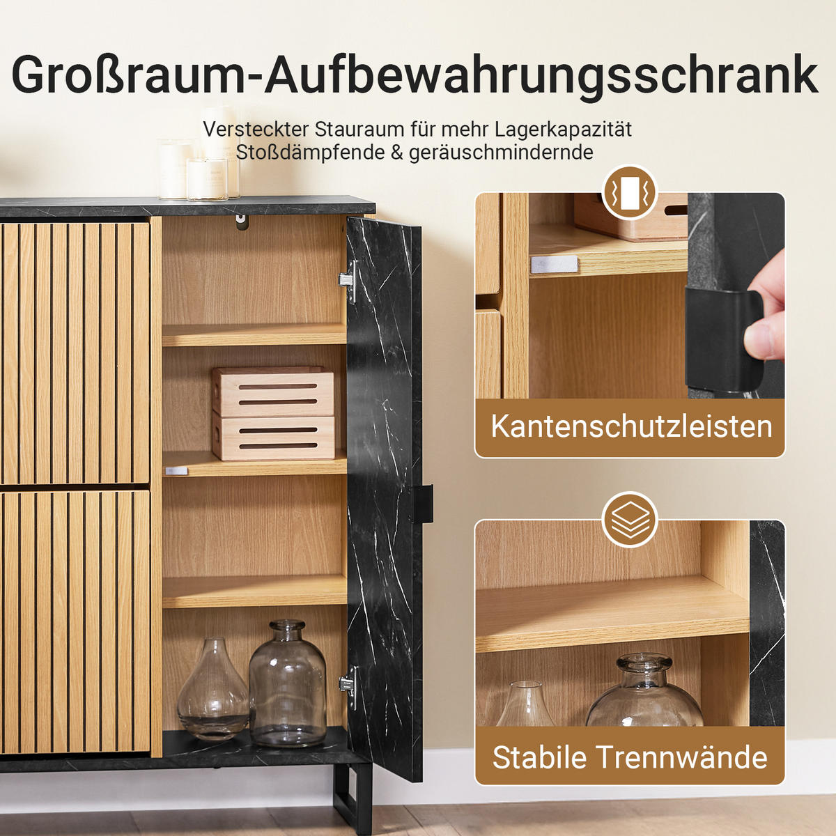 SCHUHSCHRANK Schmal, Holzoptik & Schwarz mit Marmor - Naturfarben, Holzwerkstoff (90/88/24cm) - SoBuy