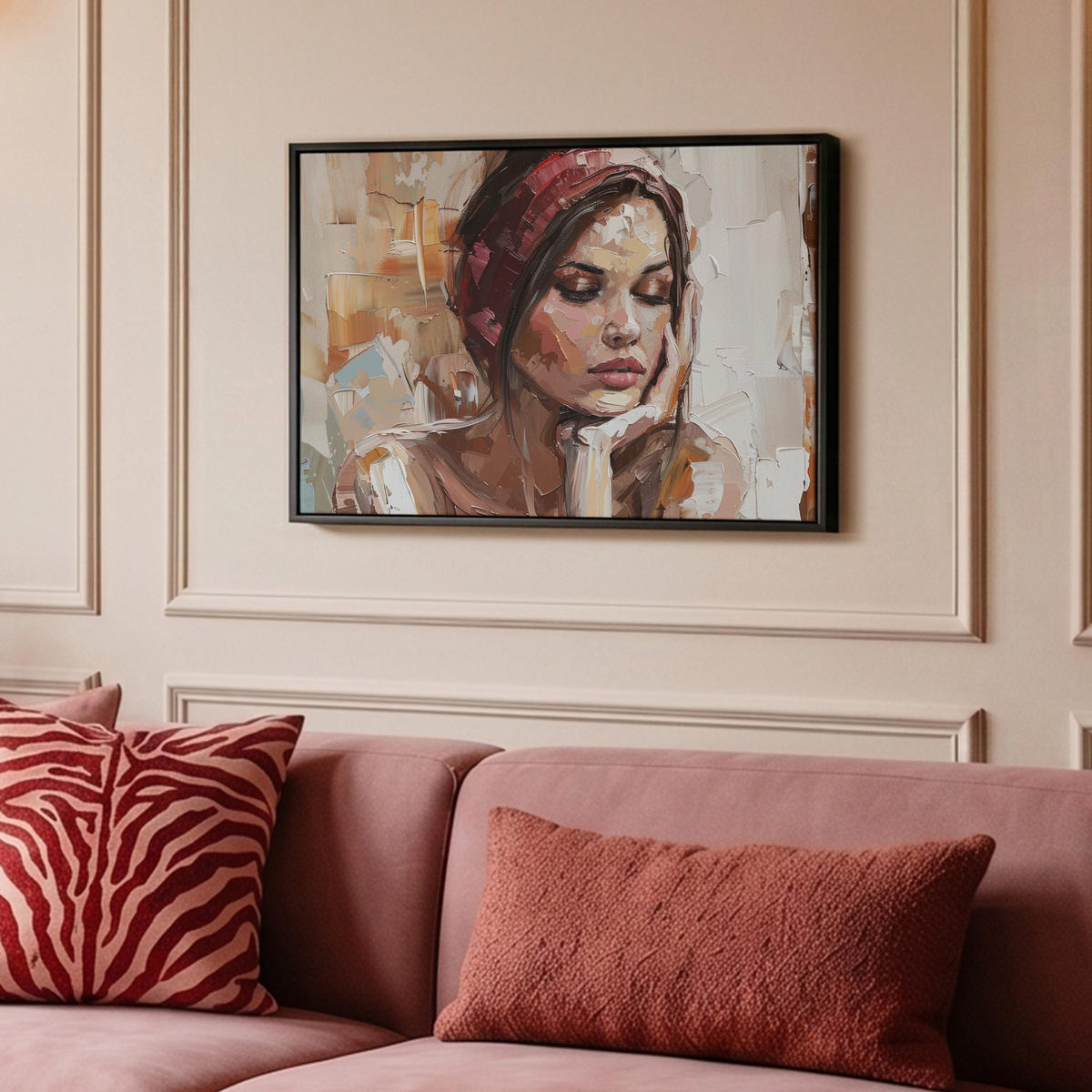 LEINWAND Bilder mit Rahmen - Frau - Lackierung - Porträt - Modern - 60x40 - Altrosa, Textil (60/40cm) - MuchoWow