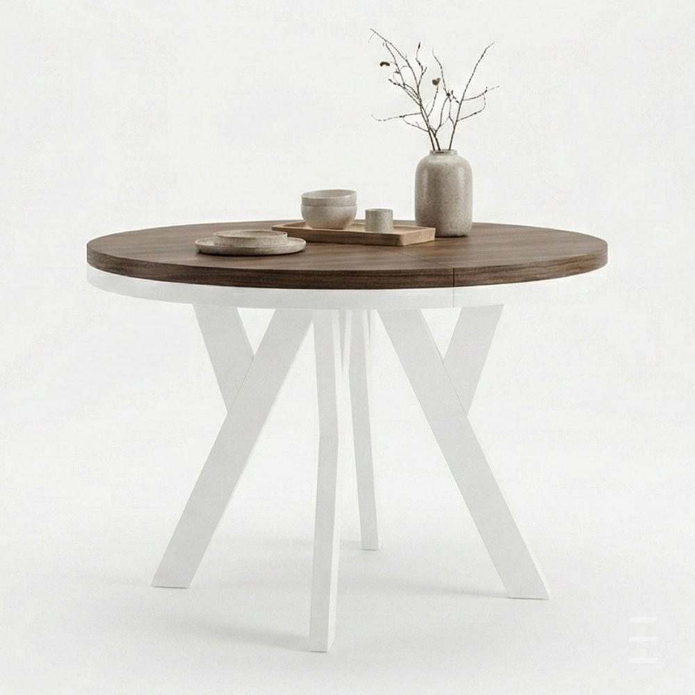 ESSTISCH Runder Ausziehbarer PERO 110/160 mit einem Ring-Gestell, Franklin Nuss / Weiß - Dunkelbraun/Weiß, Holz (160/110/77cm) - Dekori_Interiors