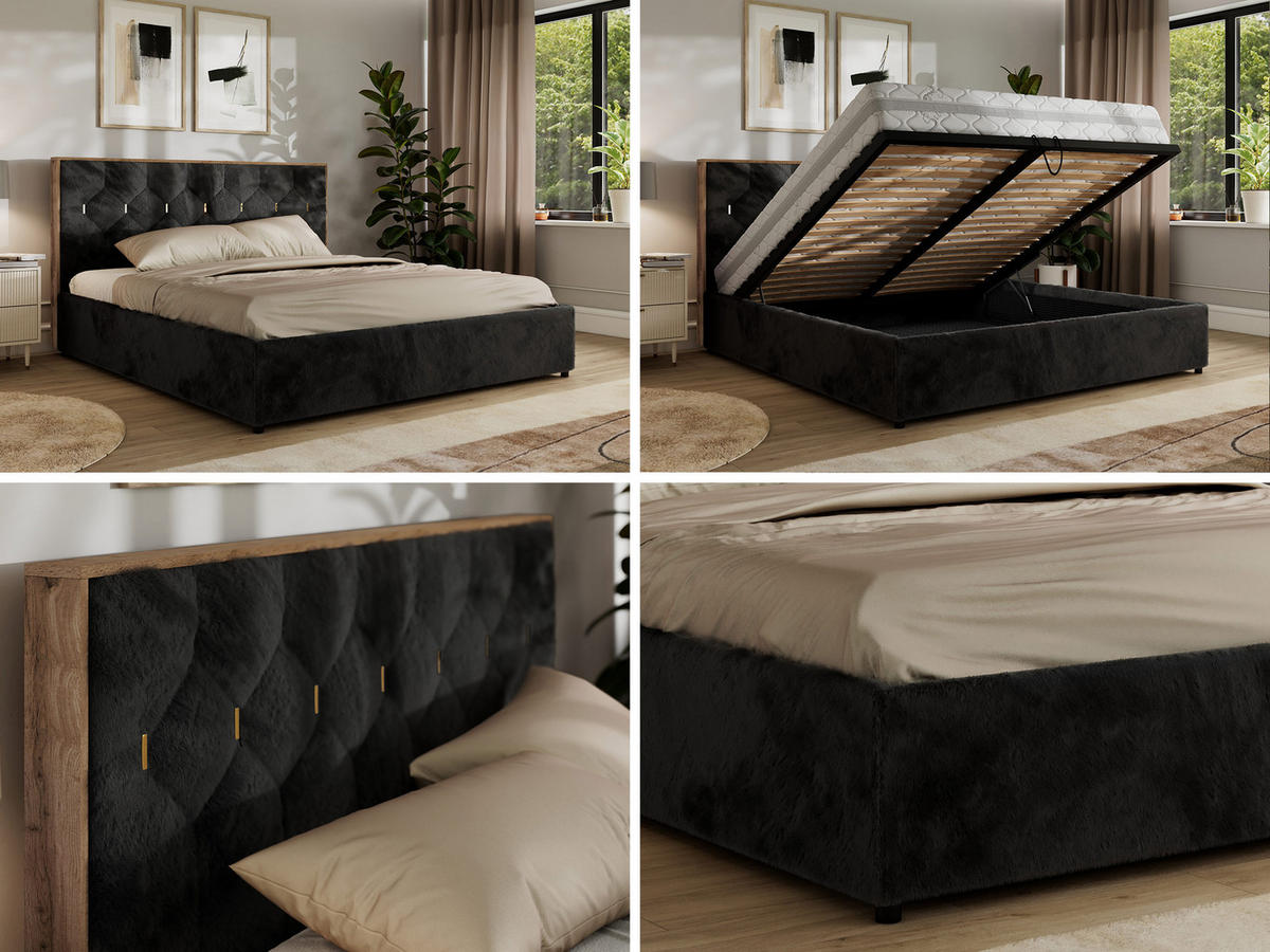 POLSTERBETT LARINO CLASSIC 160/200 - Schwarz Plüsch - ohne Matratze - Schwarz, Textil (160/200cm) - MKS