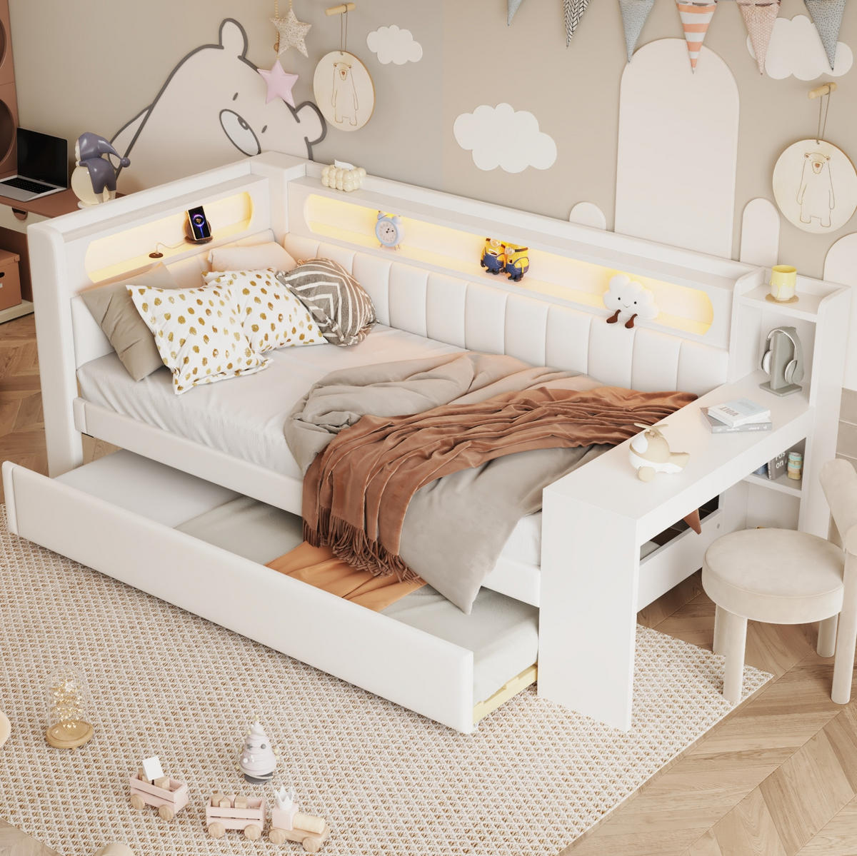 POLSTERBETT 90/200 cm Weiß aus MDF, Sperrholz und Leinen mit Ausziehbett - Weiß, Holzwerkstoff (90/200cm) - OKMYHOME