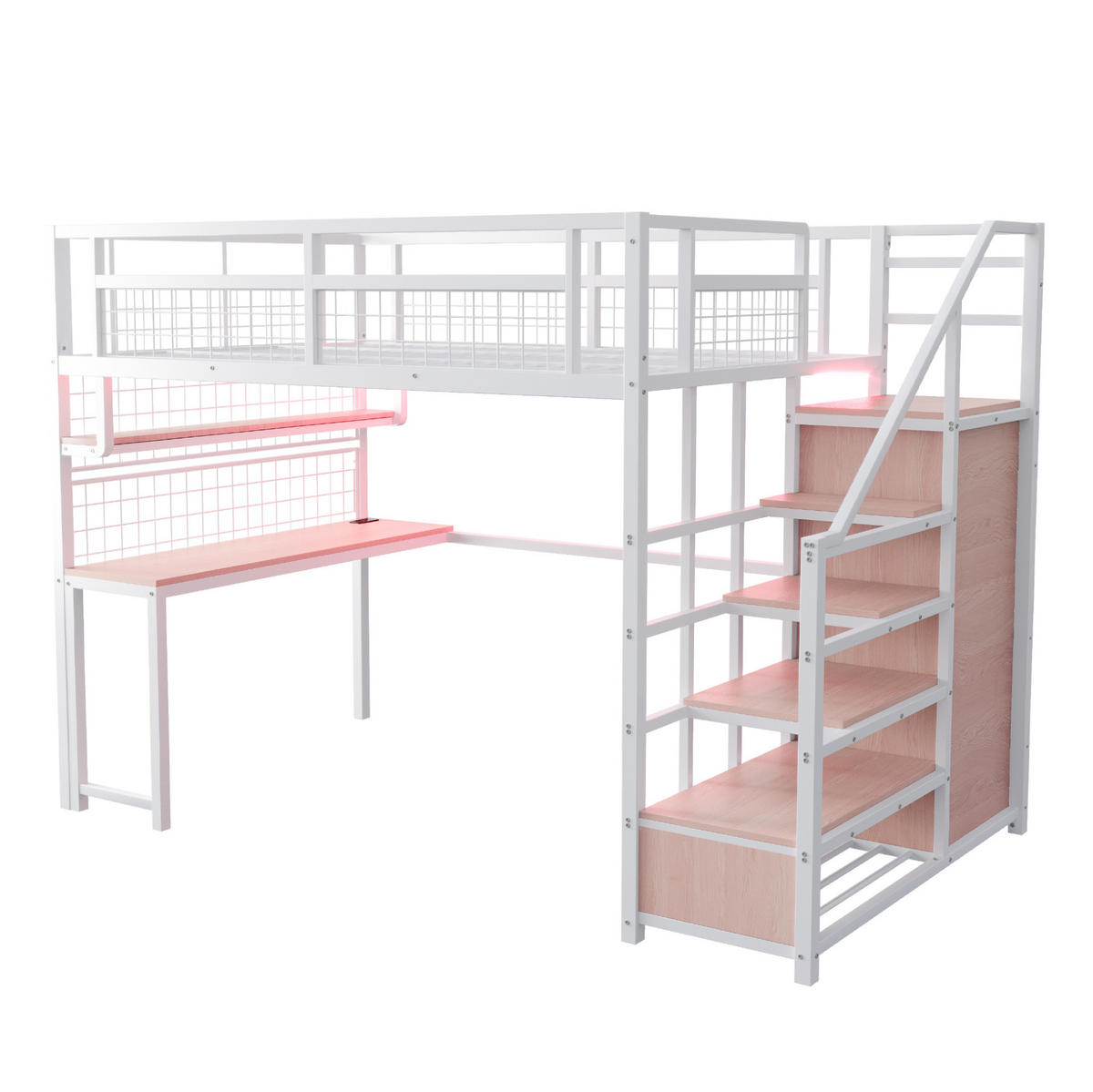 PATROVÁ postel 140/200 cm bílá kovová s psacím stolem a úložným prostorem - bílá, kompozitní dřevo (140/200cm) - OKWISH