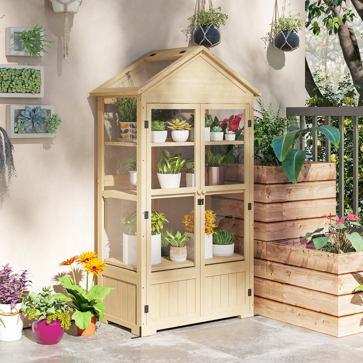 FRÜHBEET aus Holz Abschließbar Gewächshaus Dachfenster, für Garten, Balkon, Natur - Fichtefarben, Holz/Kunststoff (56.5/178/100cm) - Outsunny