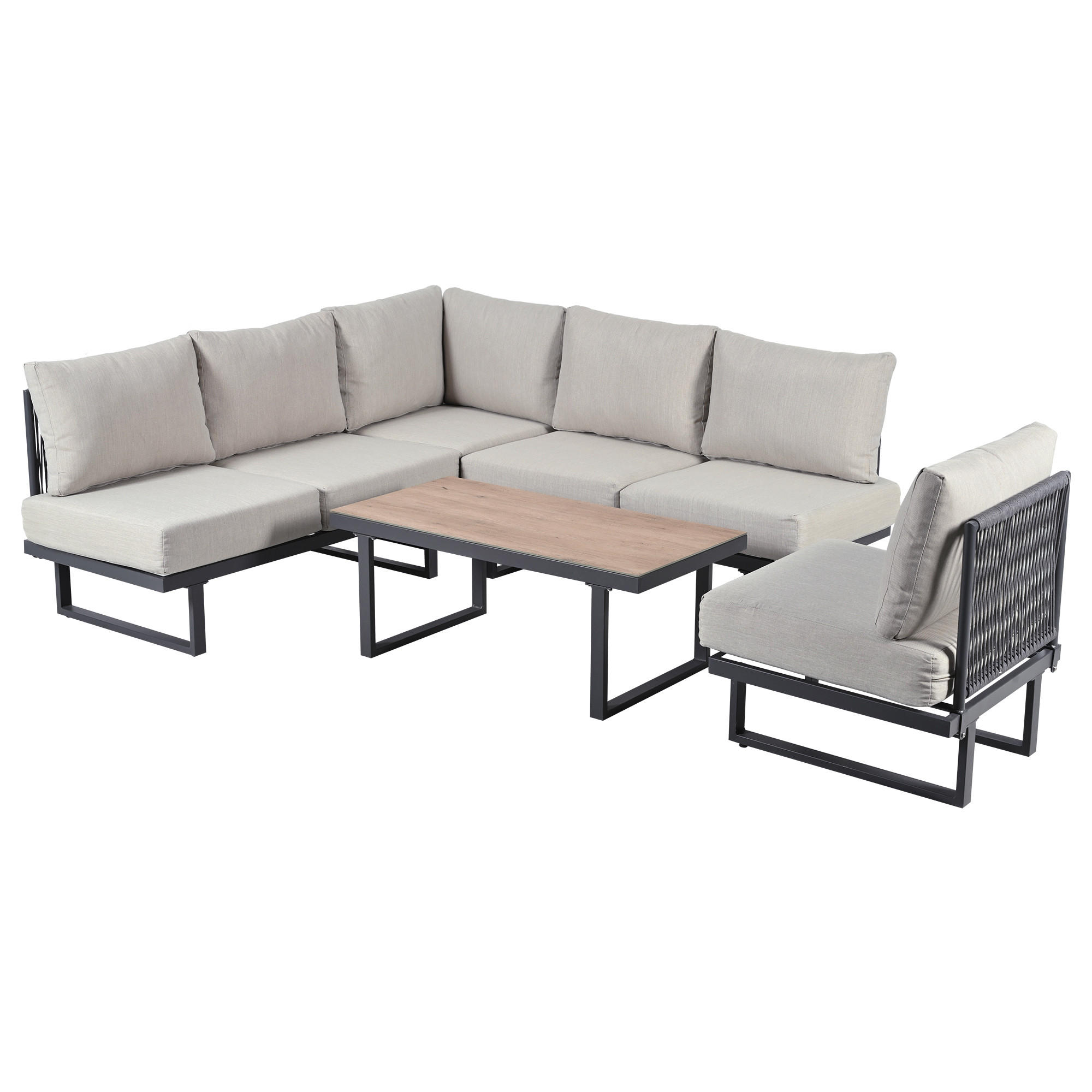 GARTENSET 180x180x68cm grau aus Stahl und Seil mit 14cm Polster - Grau, Textil - Modfu