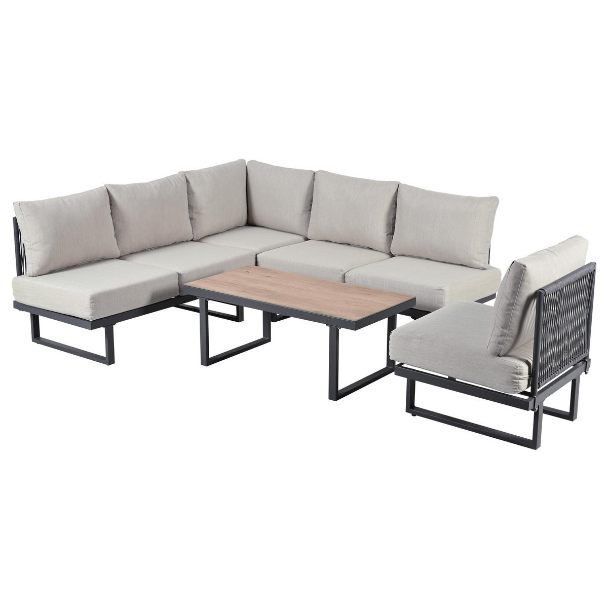 GARTENSET 180x180x68cm grau aus Stahl und Seil mit 14cm Polster - Grau, Textil - Modfu