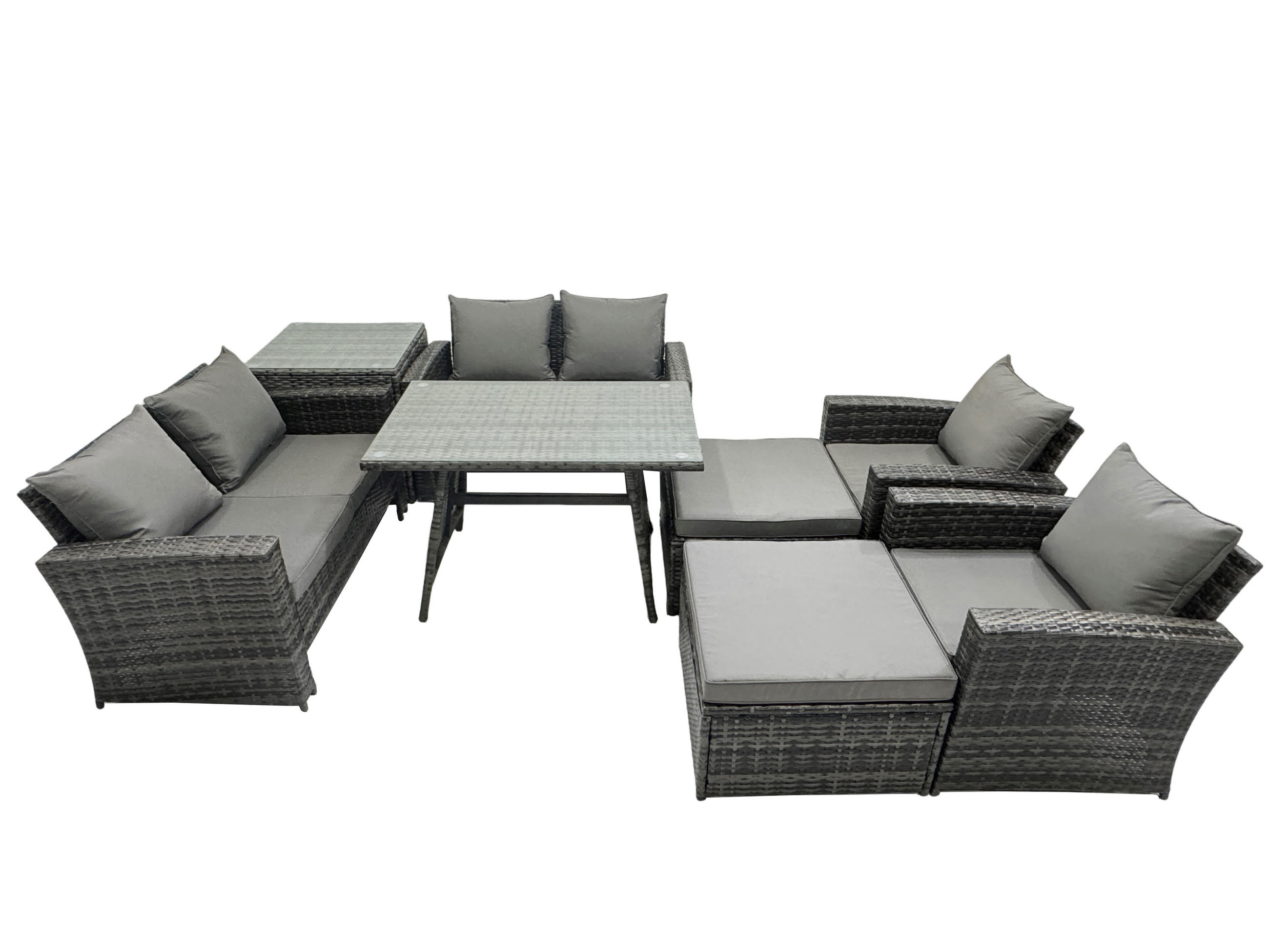 GARTENMÖBELSET mit ESSTISCH,HOCHLEHNER-SOFA Polyrattan Dunkelgrauer Mix 8-Sitzer - Dunkelgrau/Grau, Glas/Kunststoff - Fimous