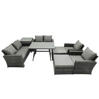 GARTENMÖBELSET mit ESSTISCH,HOCHLEHNER-SOFA Polyrattan Dunkelgrauer Mix 8-Sitzer - Dunkelgrau/Grau, Glas/Kunststoff - Fimous