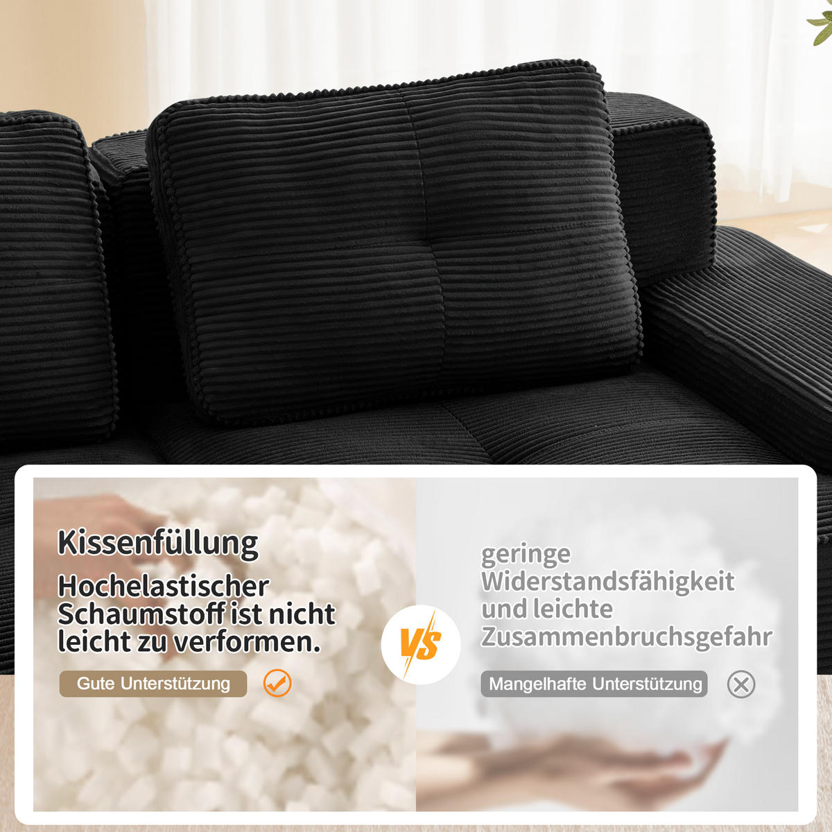 3-SITZER Sofa 293×177×69 cm Cordstoff knochenlos modular mit 3 Hockern, schwarz - Schwarz, Textil (177/69/293cm)