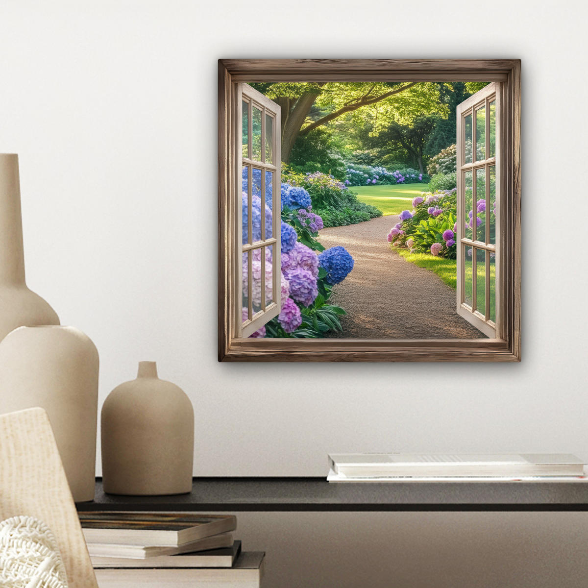 LEINWANDBILD Aussicht - Garten - Fenster - Hortensie - Blumen 20x20 cm - Pastellblau, Textil (20/20cm) - MuchoWow