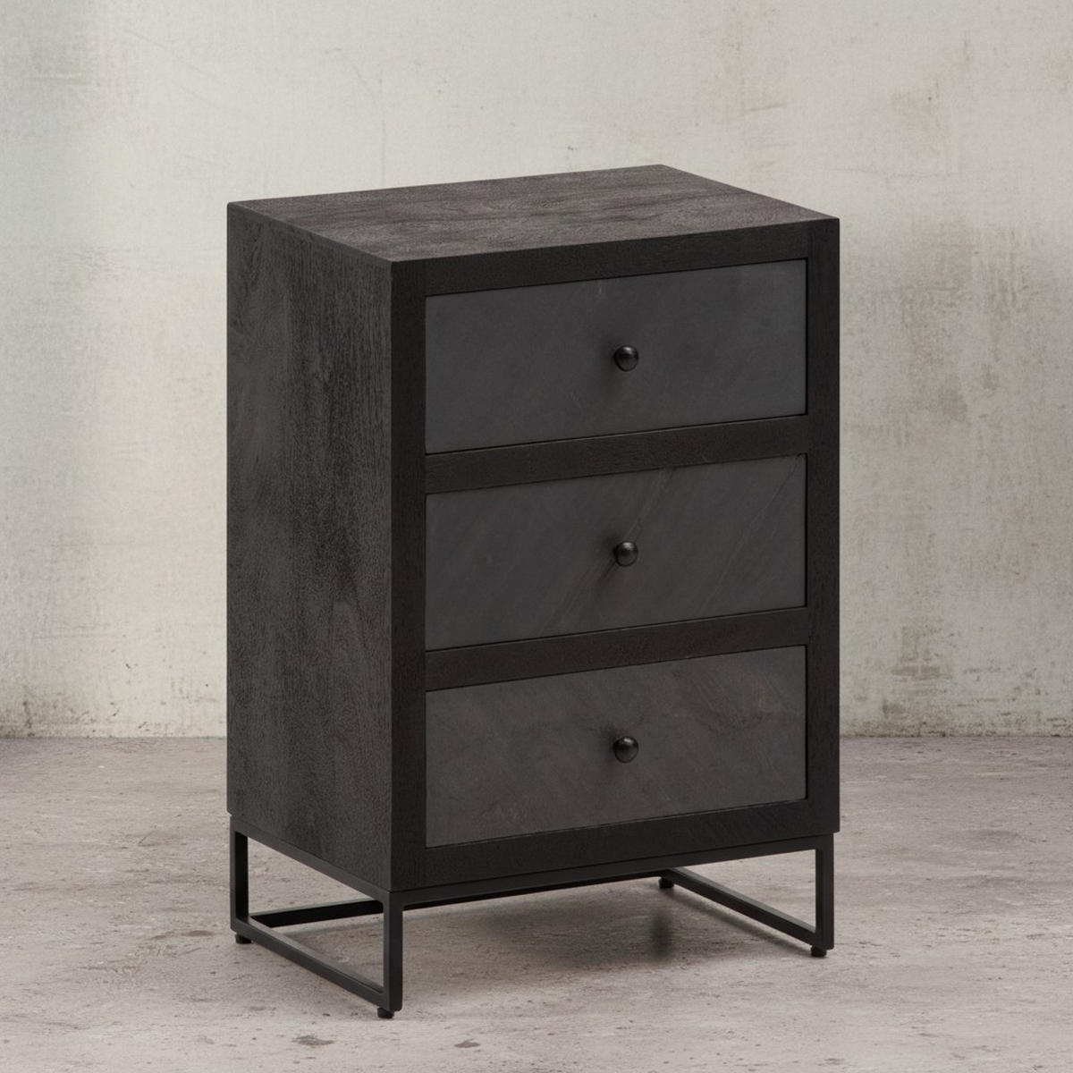 NACHTTISCH Massivholz Steinoptik 3 Schubladen Metallgestell, Schwarz 40x30x60 cm - Schwarz, Holz/Metall (40/60/30cm) - KADIMA DESIGN