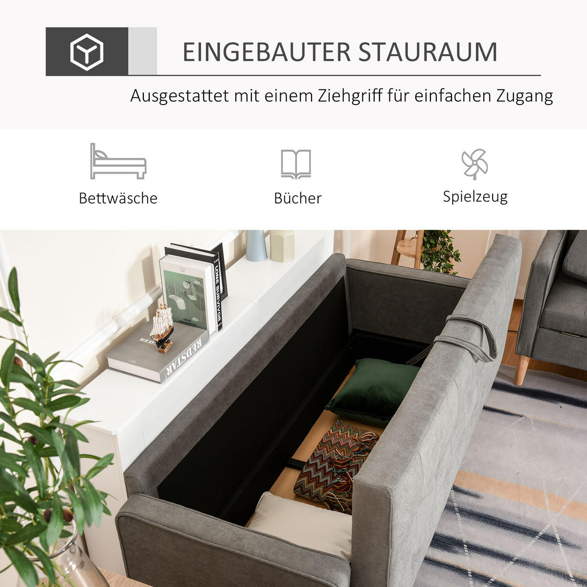 3-SITZER Sofa Stoffsofa Doppelsofa abnehmbar mit Kissen Gummiholz Baumwoll Grau - Naturfarben/Grau, Holz/Textil (62/82/166.5cm) - HOMCOM