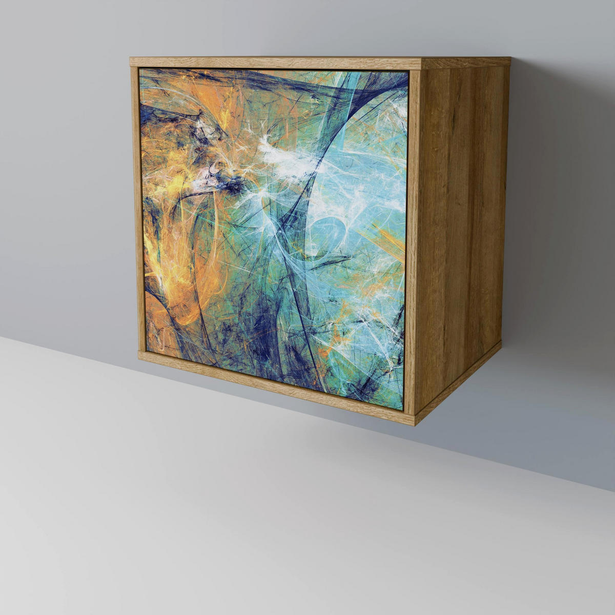 SIDEBOARD ABSTRACT THOUGHTS, Eichefarben, 57,5x42x70,5 cm, Schwarze Metall-Sternfüße - Eichefarben/Multicolor, Holzwerkstoff/Metall (57.5/70.5/42cm) - SpaceRebels