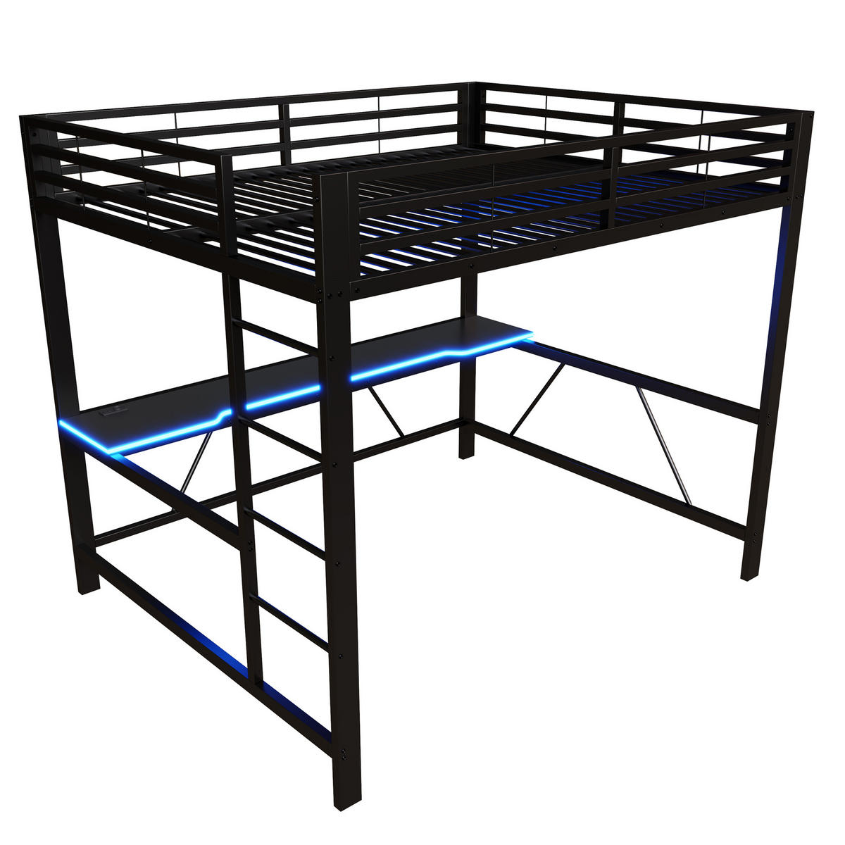 HOCHBETT 160/200 cm in Schwarz mit Schreibtisch, LED und USB Metall - Schwarz, Metall (160/200cm) - CHICFURN