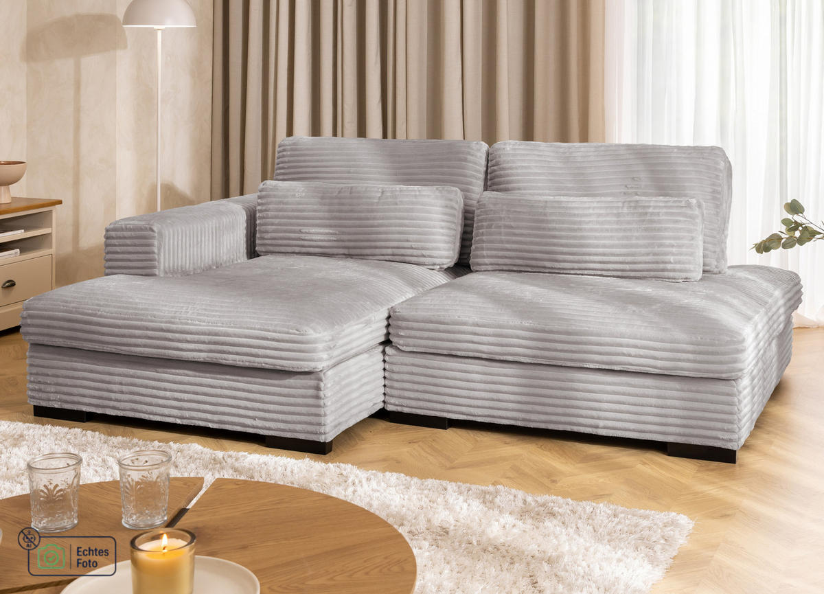 ECKSOFA Wolke mit tiefer Sitzfläche, Schlaffunktion und praktischem Bettkasten aus weichem Hellgrau Cordstoff - Hellgrau/Schwarz, Holz/Kunststoff (162/225cm) - S-Style