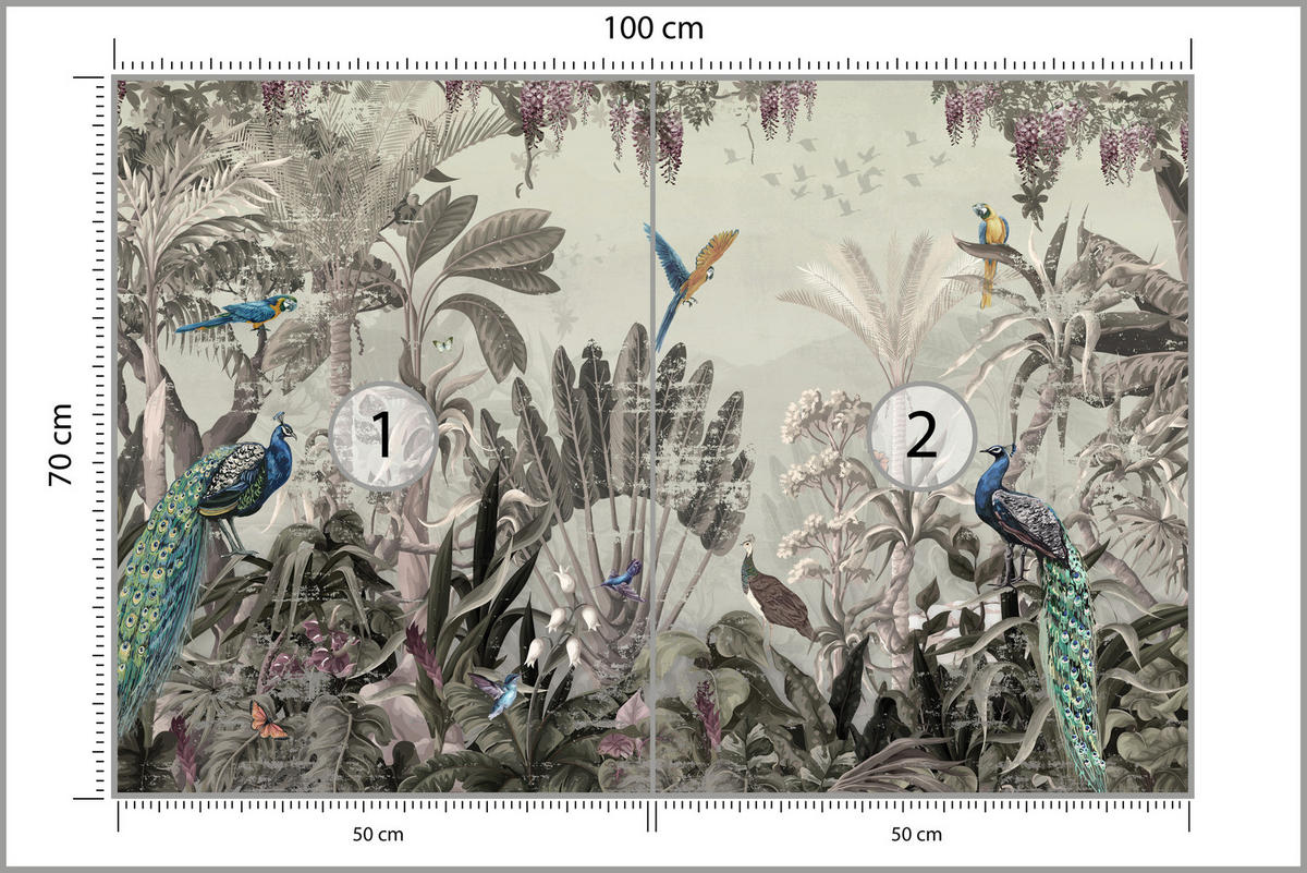 FOTOTAPETE für Wohnzimmer Vintage Tropenwald Palmen Papageien 100x70 - Beige/Grün, Papier (100/70cm) - Muralo