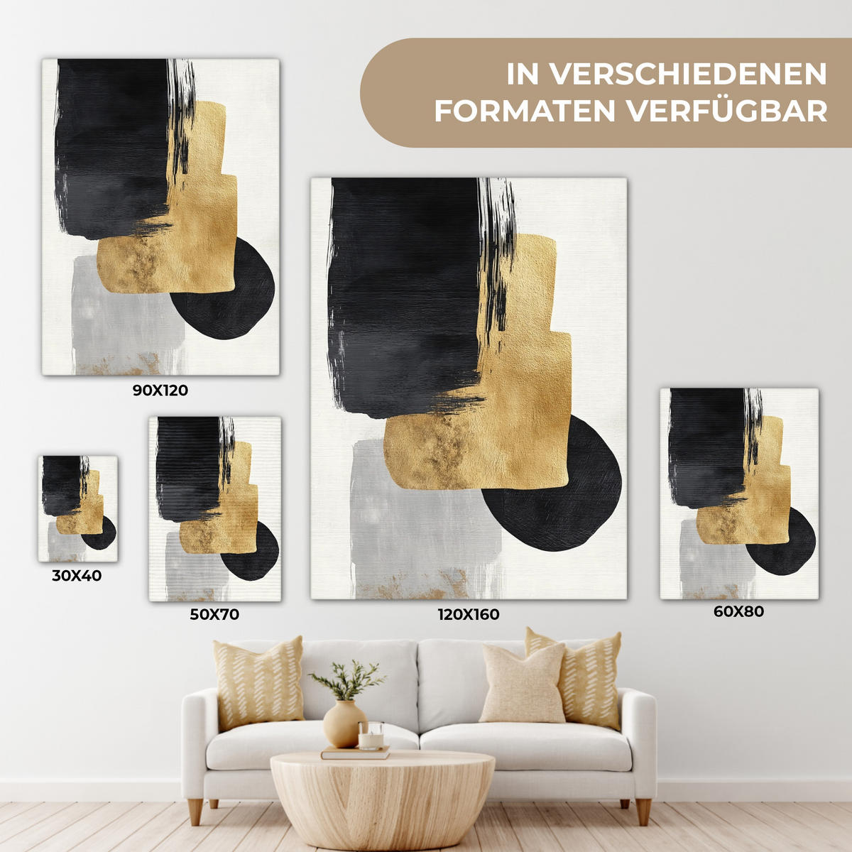 LEINWANDBILD Gold - Rechtecke - Kreise - Abstrakt Wandbild Wohnzimmer 60x80 cm - Weiß, Textil (60/80cm) - MuchoWow
