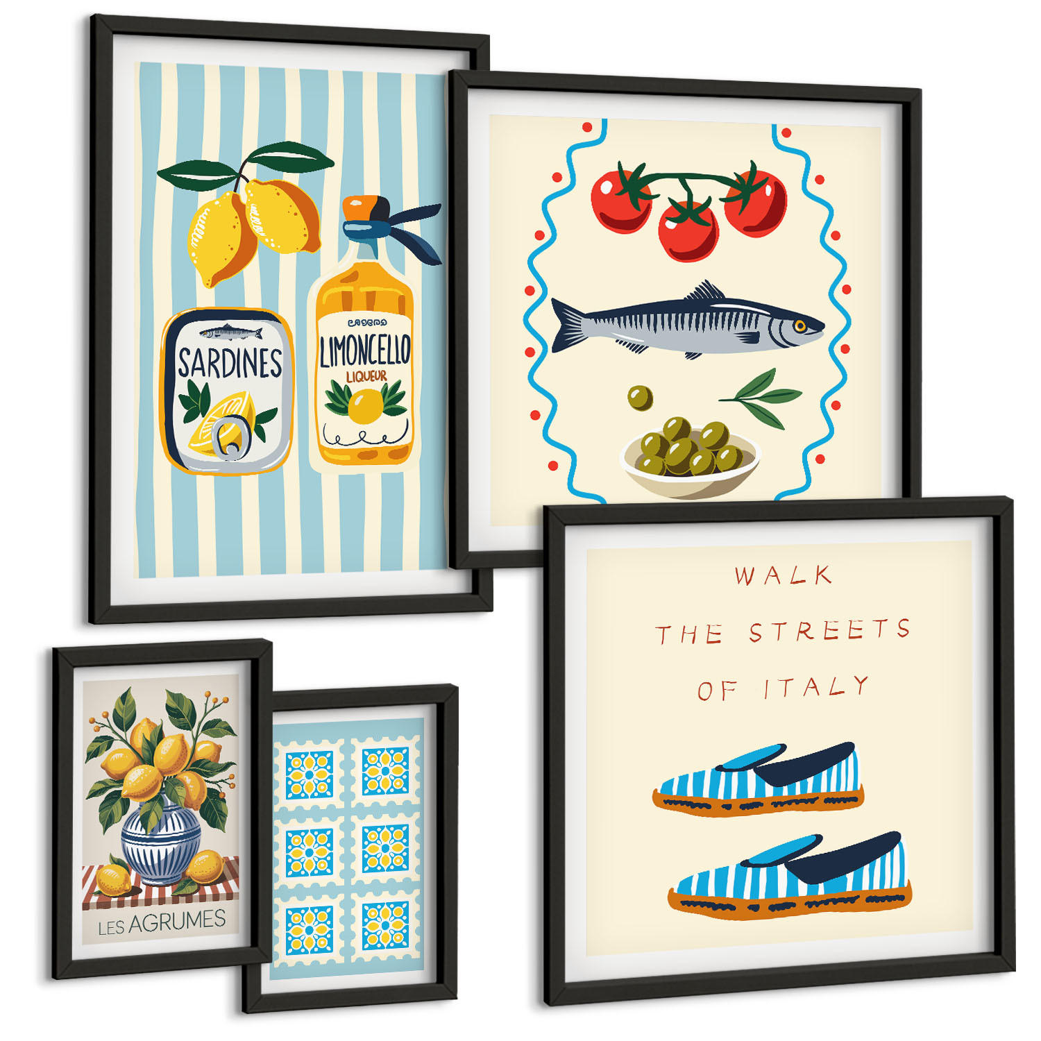 BILDER SET 5er Set - 50x50 cm & 20x30 cm & 40x60 cm Schwarzer Rahmen - Italienische Aromen, farbenfrohe Bilder - Schwarz, Kunststoff (40/60cm) - TULUP