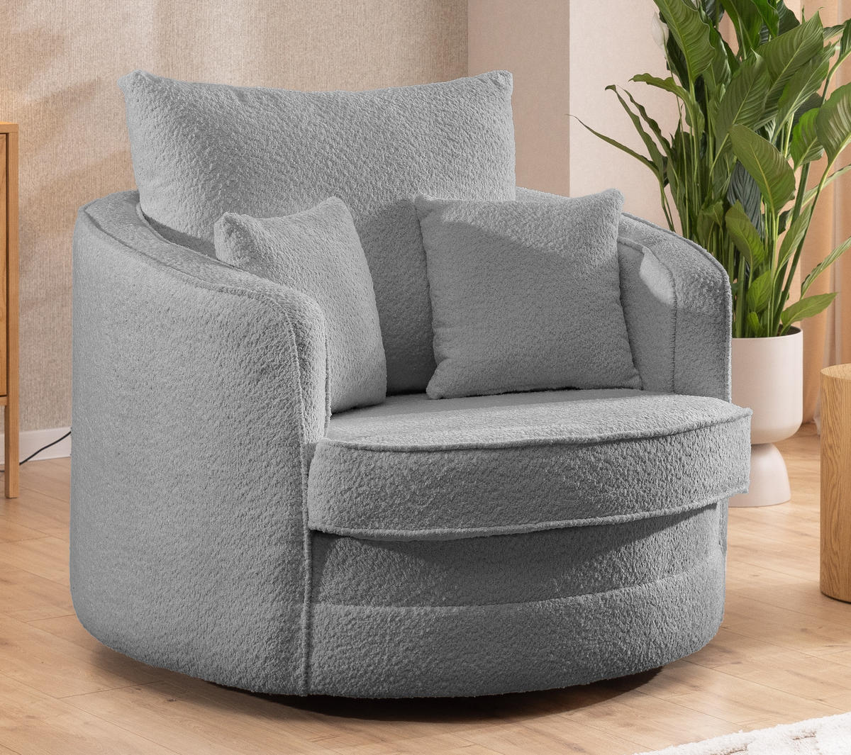 DREHSESSEL Ted aus Grau Boucle-Stoff - Schwarz/Grau, Holz/Textil (107/94/100cm) - S-Style Möbel