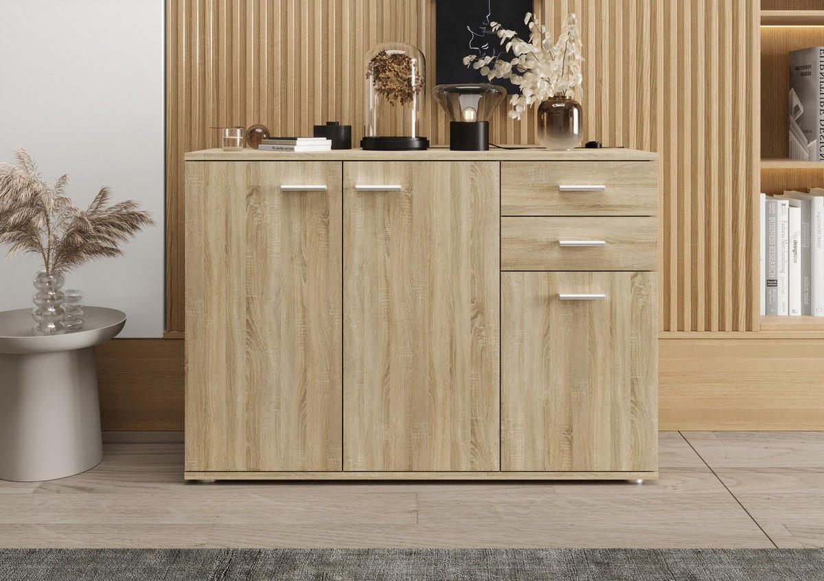 KOMMODE London LMK 3D2S mit 3 Türen, Sideboard in Farbe: Hellbraun, Größe: 106 x 75 x 35 cm - Hellbraun, Holzwerkstoff (106/75/35cm) - O-Sofa