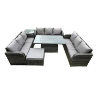 GARTENSOFA SET Polyrattan 10-Sitzer - Dunkelgrau/Grau, Glas/Kunststoff - Fimous