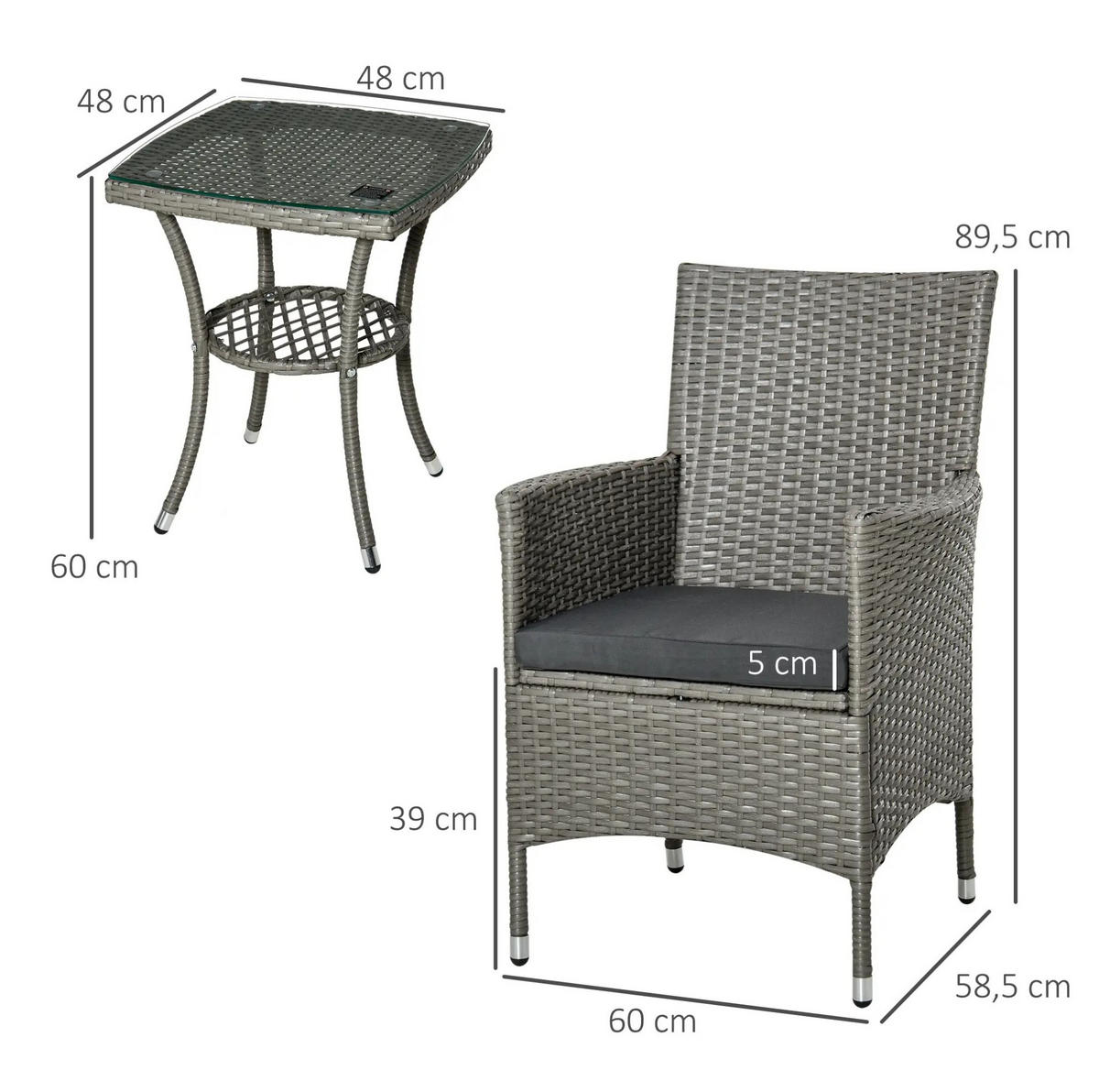 BALKONMÖBEL-SET 60/58,5/89,5 cm grau aus Rattan mit Tisch und 2 Stühlen - Grau, Naturmaterialien (58/89/60cm) - OKWISH