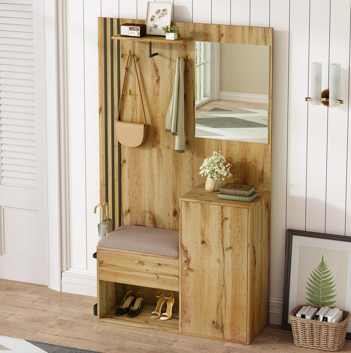 GARDEROBE 115/185/37 cm Natur/Schwarz aus MDF mit Spiegel und Sitzfläche - Naturfarben, Holzwerkstoff (37/185/115cm) - OKMYHOME
