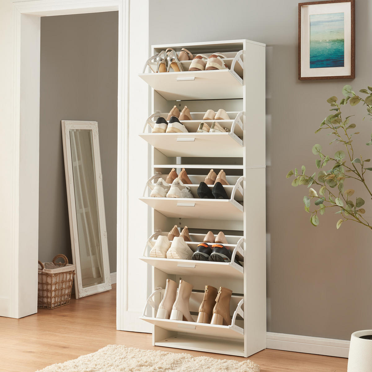 SCHUHSCHRANK Sykkylven - Weiß, Holzwerkstoff (60/169/24cm) - [en.casa]