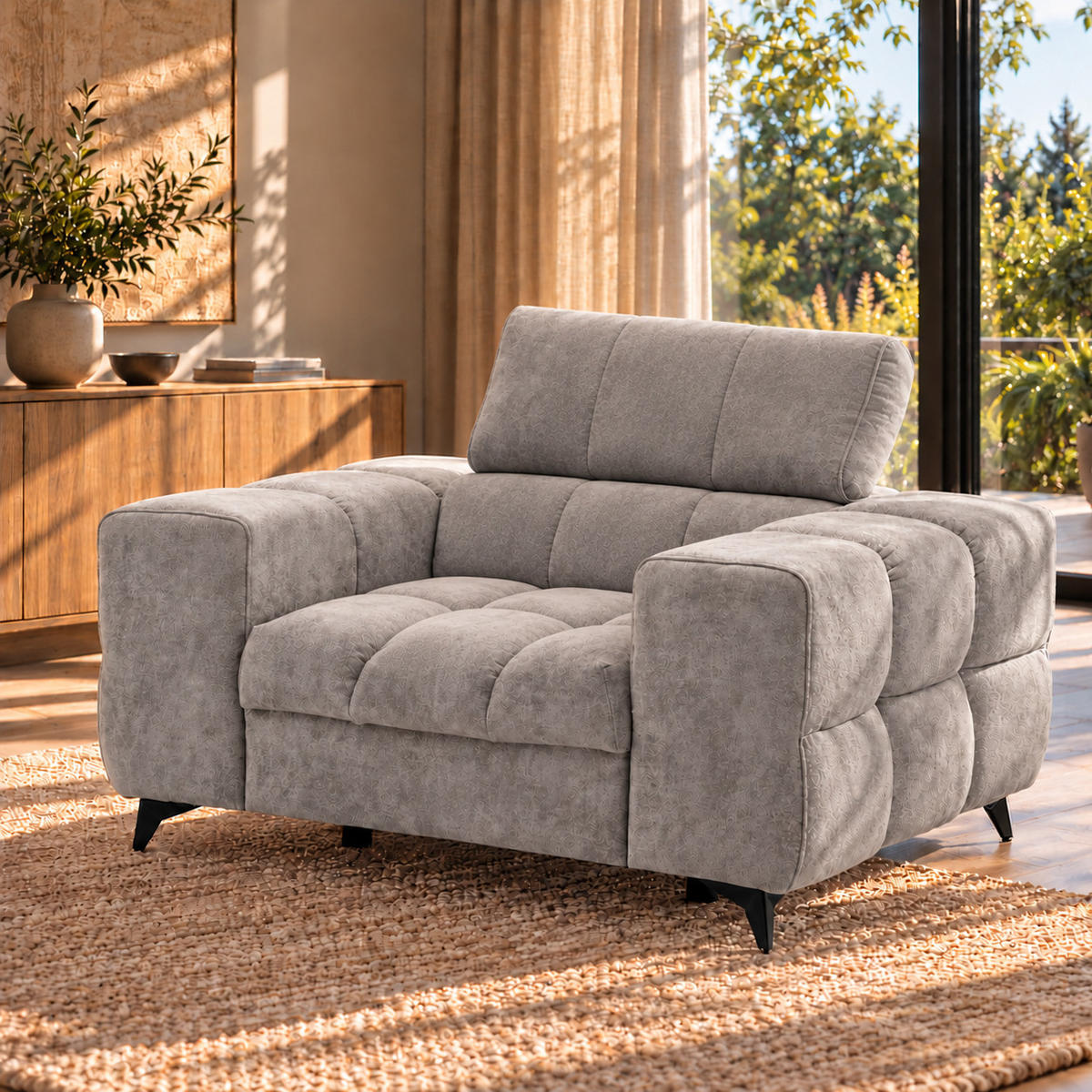 SESSEL PUDDING mit verstellbare Kopfstütze Velours Grau - Schwarz/Grau, Holz/Textil (140/93/100cm) - Muffo