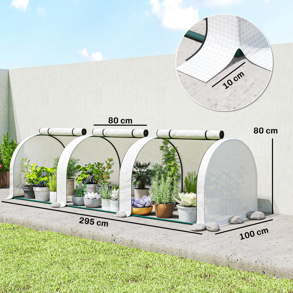 MINI-GEWÄCHSHAUS, Tomaten, 3x1x0,8m, Stahl, HDPE 140g/m², UV-beständig, 3 Fenster, Weiß - Multicolor, Kunststoff (295/80/100cm) - FORIOUS