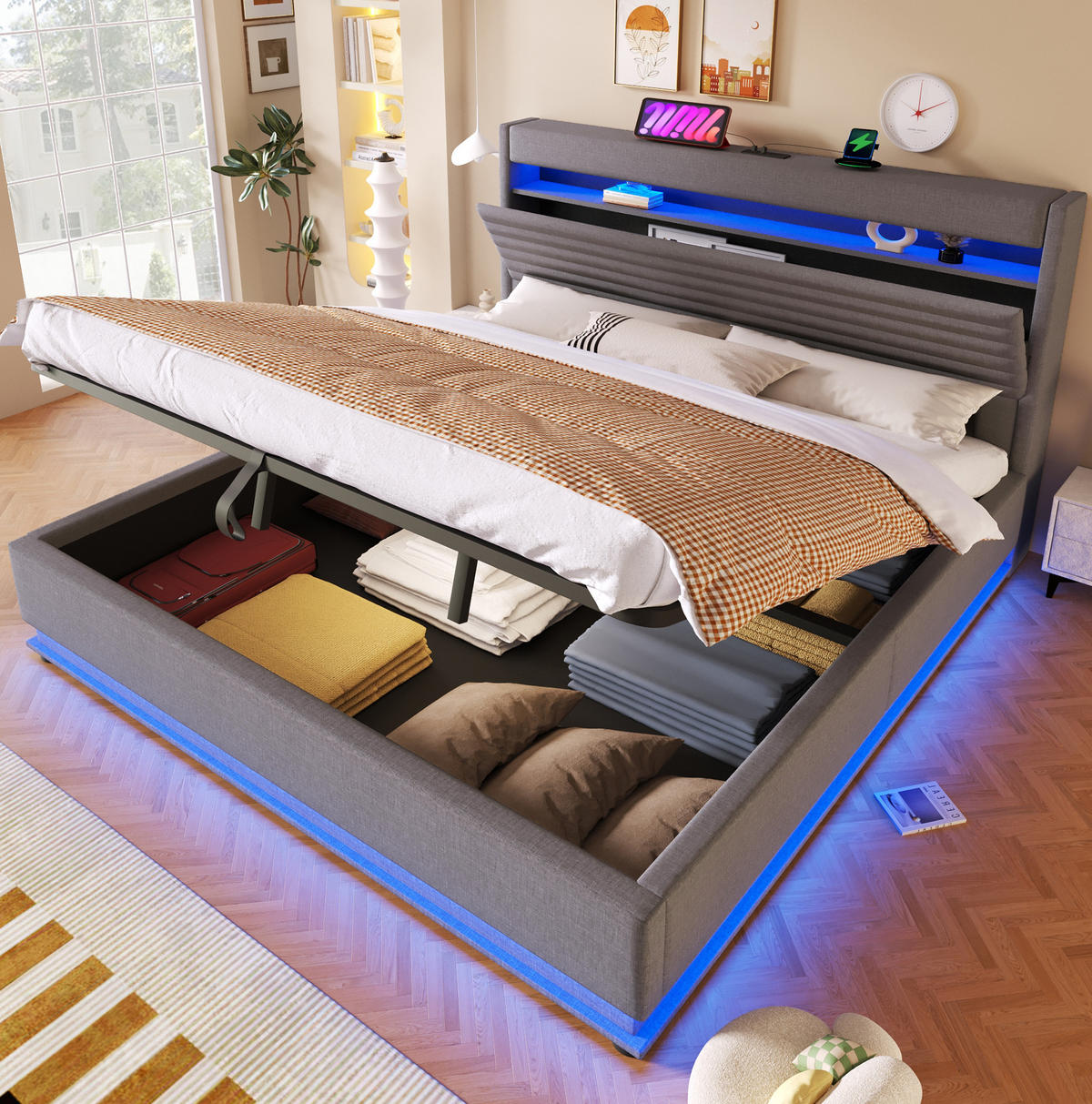 POLSTERBETT 180/200 cm mit LED-Beleuchtung, USB- und Typ-C-Anschluss, hydraulischem Stauraum und Leinenbezug, Grau - Grau, Textil (180/200cm) - Redom