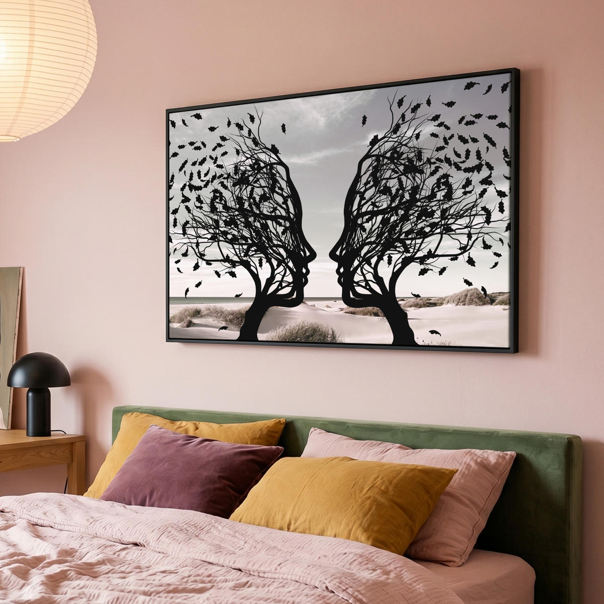 LEINWAND Bilder mit Rahmen - Strand - Meer - Menschen - Baum - Moderne Kunst - 150x100 - Hellgrau, Textil (150/100cm) - MuchoWow