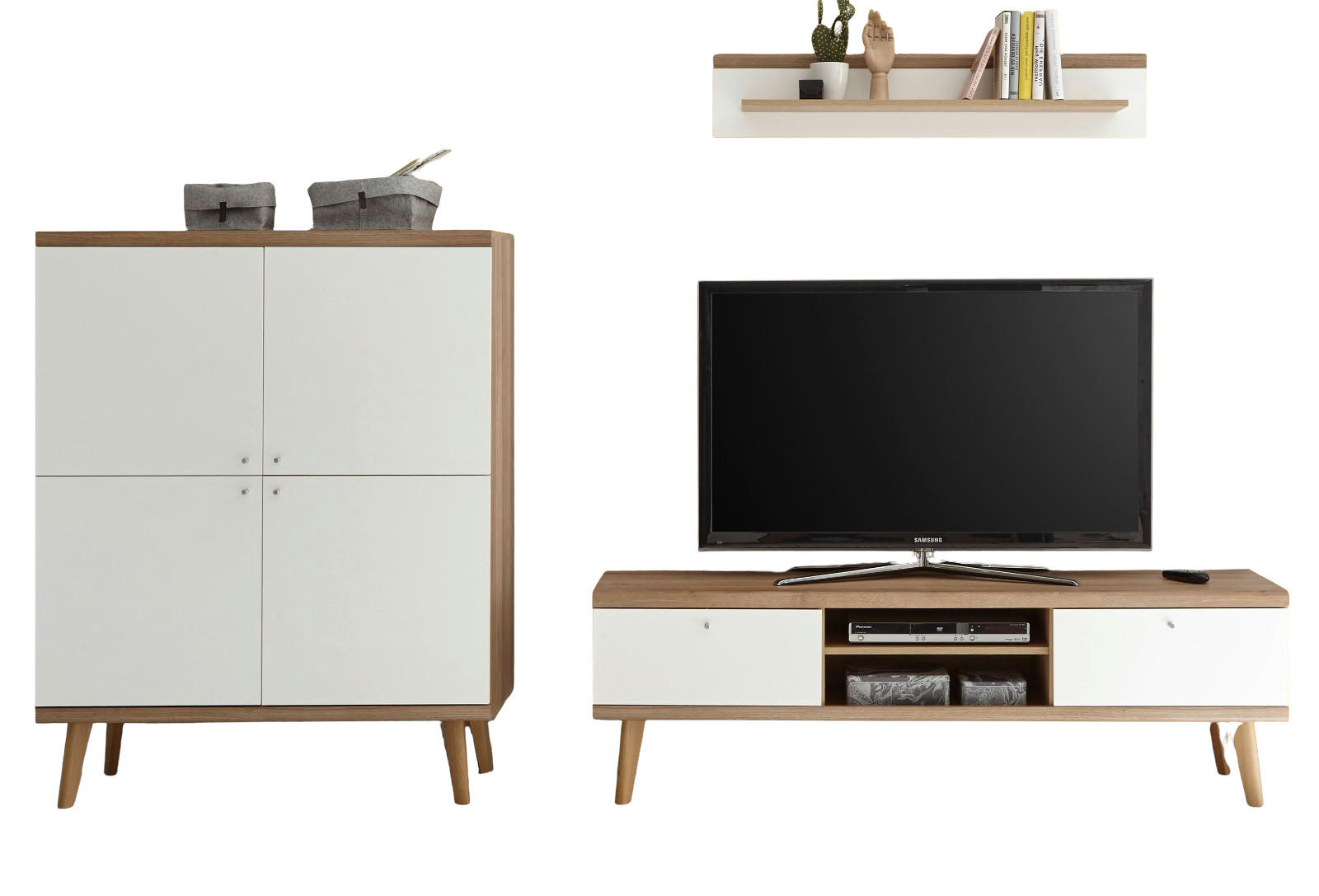 WOHNWAND weiß Eiche Riviera, Schrankwand skandinavisch 3-teilig 277 x 160 cm - Eichefarben/Weiß, Holzwerkstoff/Metall (277/160/40cm)