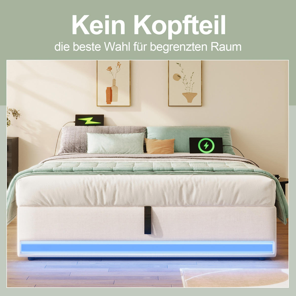 POLSTERBETT 140/200 cm Beige Hydraulisches Stauraumbett mit LED-Beleuchtung - Beige, Textil (140/200cm) - OKWISH