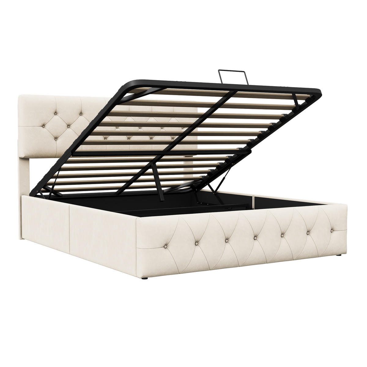 POLSTERBETT 140x200 cm mit Bettkasten und Hydraulik, Doppelbett mit Lattenrost und Kopfteil, Bett 140x200, Samtstoff, Beige - Beige, Textil/Metall (140/200cm) - GENKI LIVING