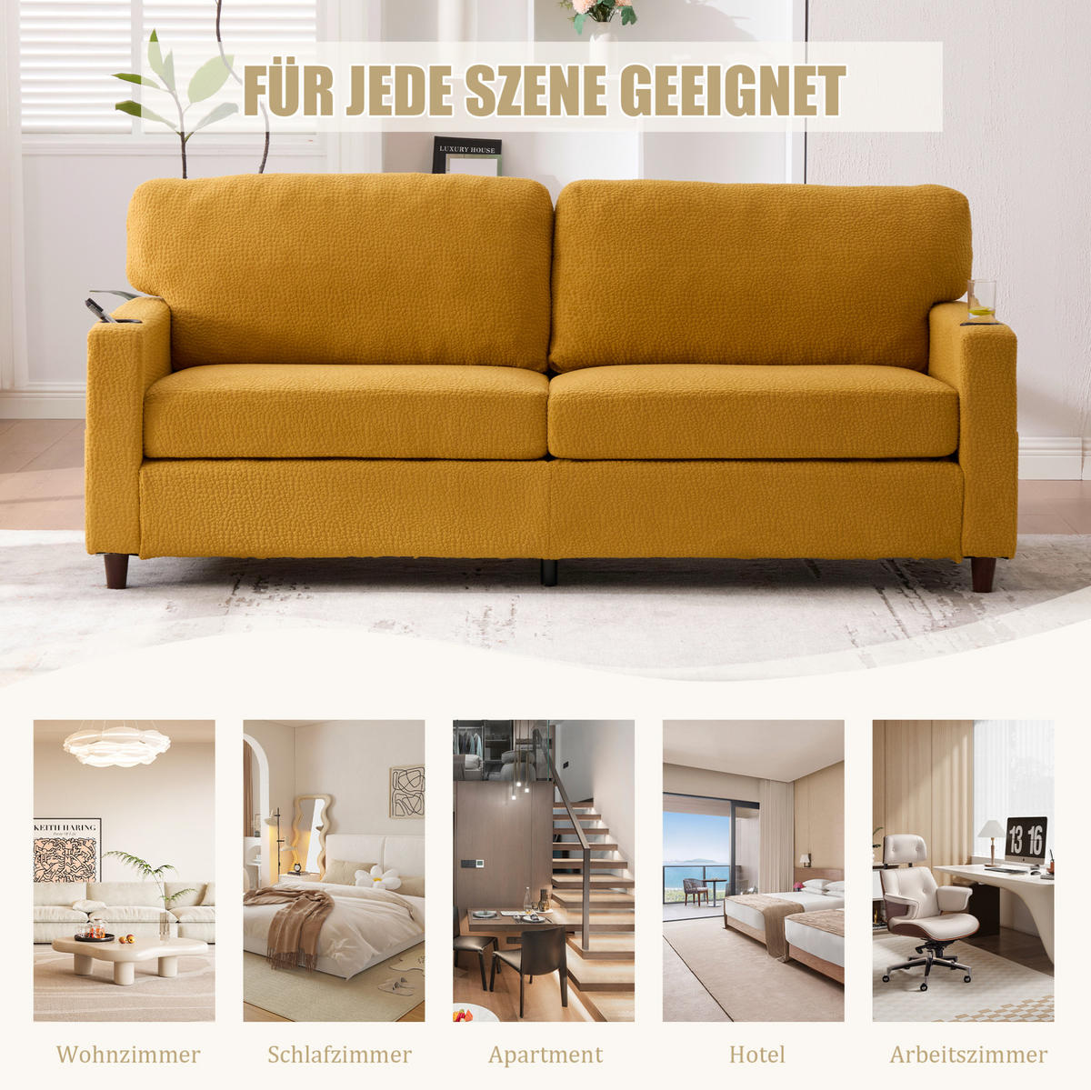 ZWEISITZER Sofa Chenille mit USB-Anschluss und LED Getränkehalter 203/77,5/86 cm Gelb - Gelb, Textil (77.5/86/203cm) - Redom
