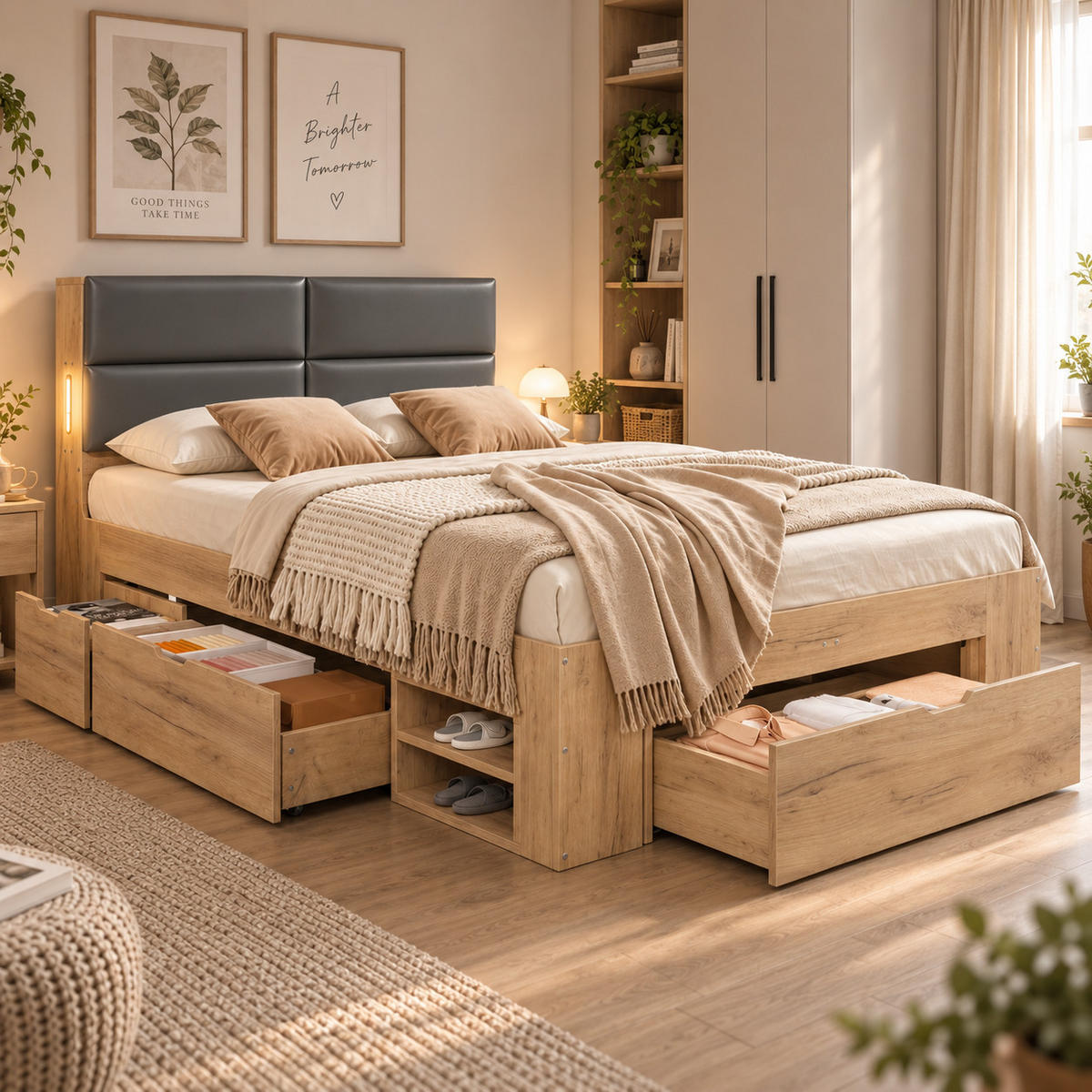 KINDERBETT 140/200 cm mit USB und Stauraum, DE-41825, in Naturfarbe - Naturfarben, Holzwerkstoff (140/200cm) - ComfortXL