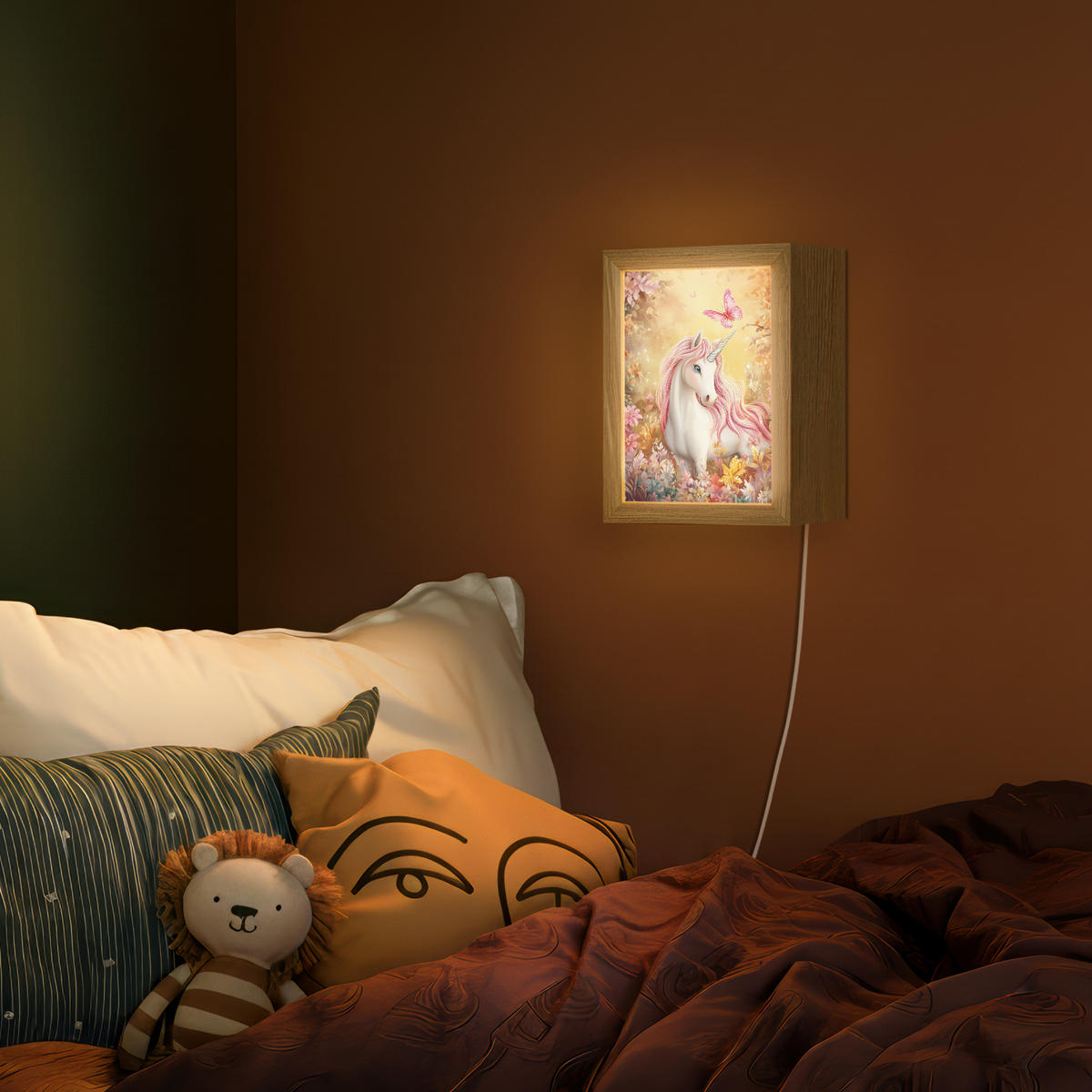 NÁSTĚNNÁ LAMPA Jednorožec - Květiny - Motýl - Růžová 15x20 cm - béžová, kompozitní dřevo (15/20/8cm) - OnlyWow