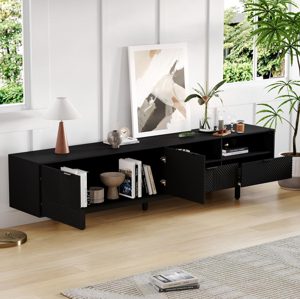 TV-LOWBOARD aus Spanplatte 200x40x51 cm Schwarz mit Stauraum, Kabelmanagement und geometrischem Frontdesign - Schwarz, Holzwerkstoff (200/51/40cm) - Modfu