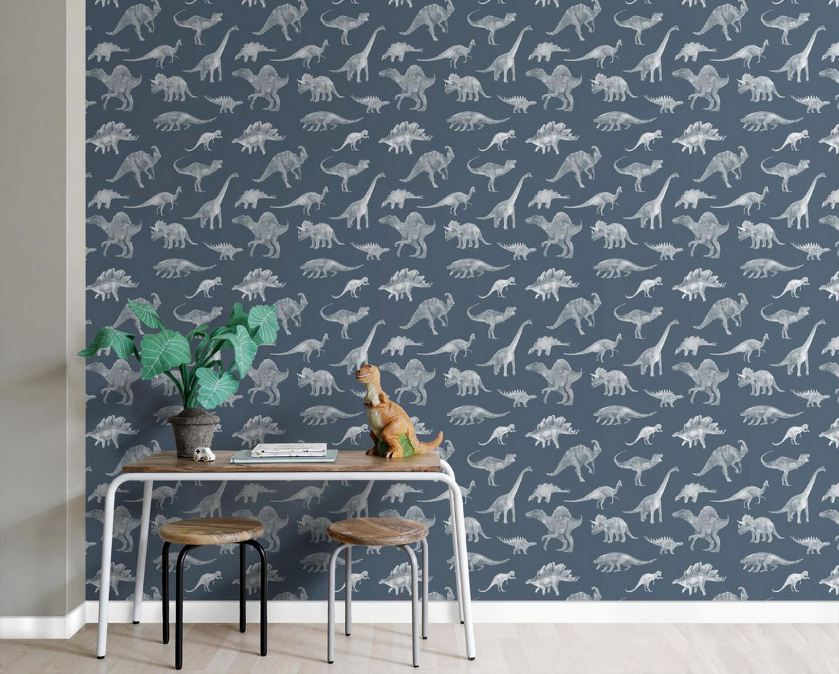TAPETE Dinosaurier 50 x 900 cm - Blau, Papier (50/0.1cm) - ESTAhome