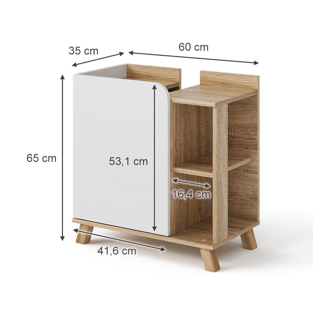WASCHBECKENUNTERSCHRANK Karen Sonoma/Weiß 60 x 65 cm mit Tür und offenen Fächern - Weiß/Sonoma Eiche, Holzwerkstoff (60/65/35cm) - Vicco