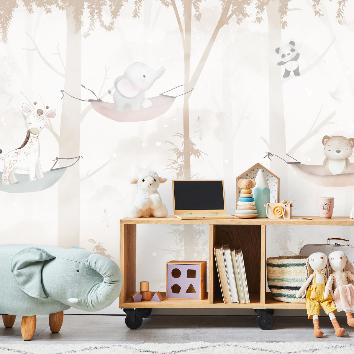 FOTOTAPETE für Kinderzimmer Tiere Hängematten WALD Elefant Giraffe 450x315 - Beige/Schwarz, Papier (450/315cm) - Muralo