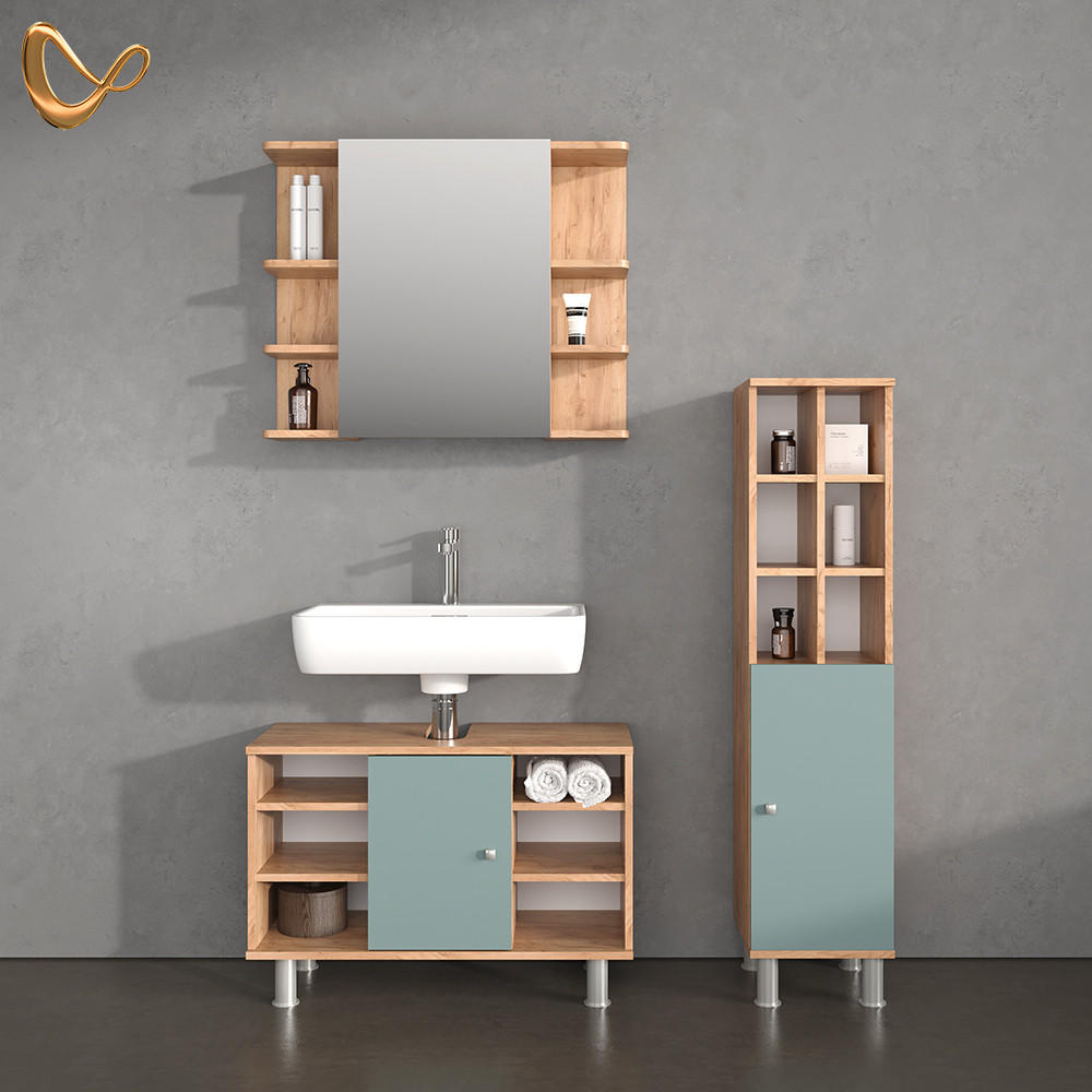 BADMÖBEL-SET Fucino Grün 3 Teile, mit Midischrank Tür groß - Honigeiche/Grün, Holzwerkstoff (80/54/32cm) - Livinity®