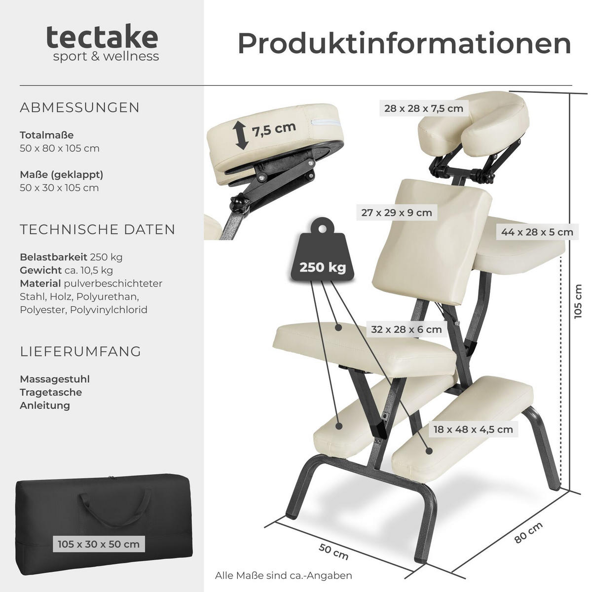 MASSAGESTUHL , 80 x 50 x 105 cm, beige - Beige, Metall (50/105/80cm) - tectake