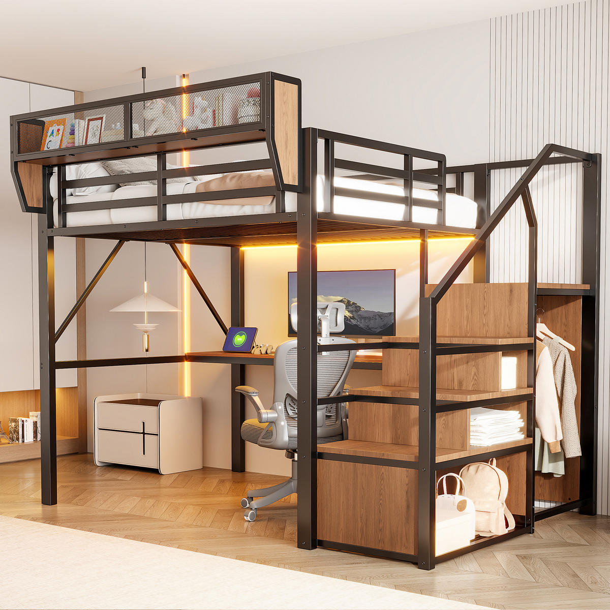 HOCHBETT 140/200 cm in Schwarz mit LED-Lichtleiste, Schreibtisch, Sicherheitsleiter und Stauraum - Schwarz, Metall (140/200cm) - STILVORA